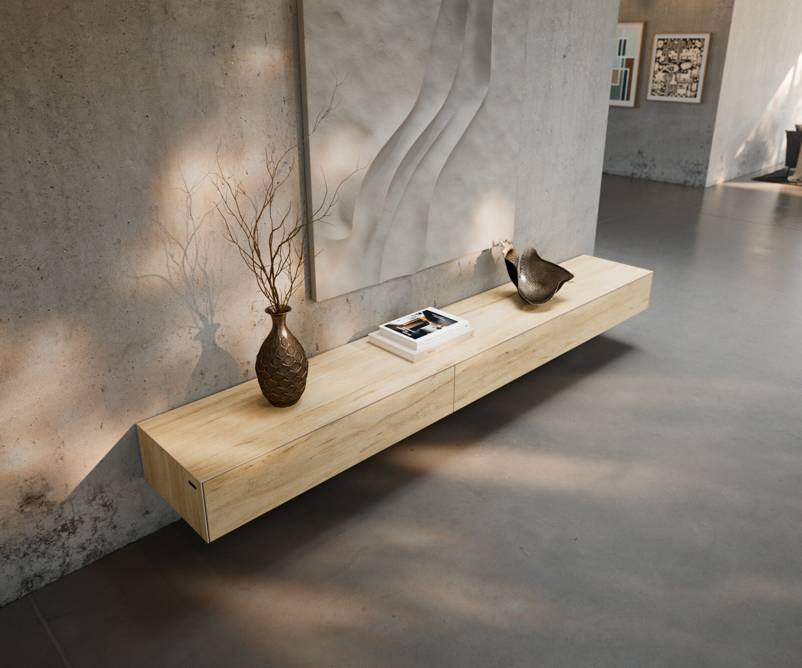 Lowboard Cuor 250 cm Keramik Laminam® Sabbia Eichefarbig 1 Klappe 1 Schubfach Schwebend 5