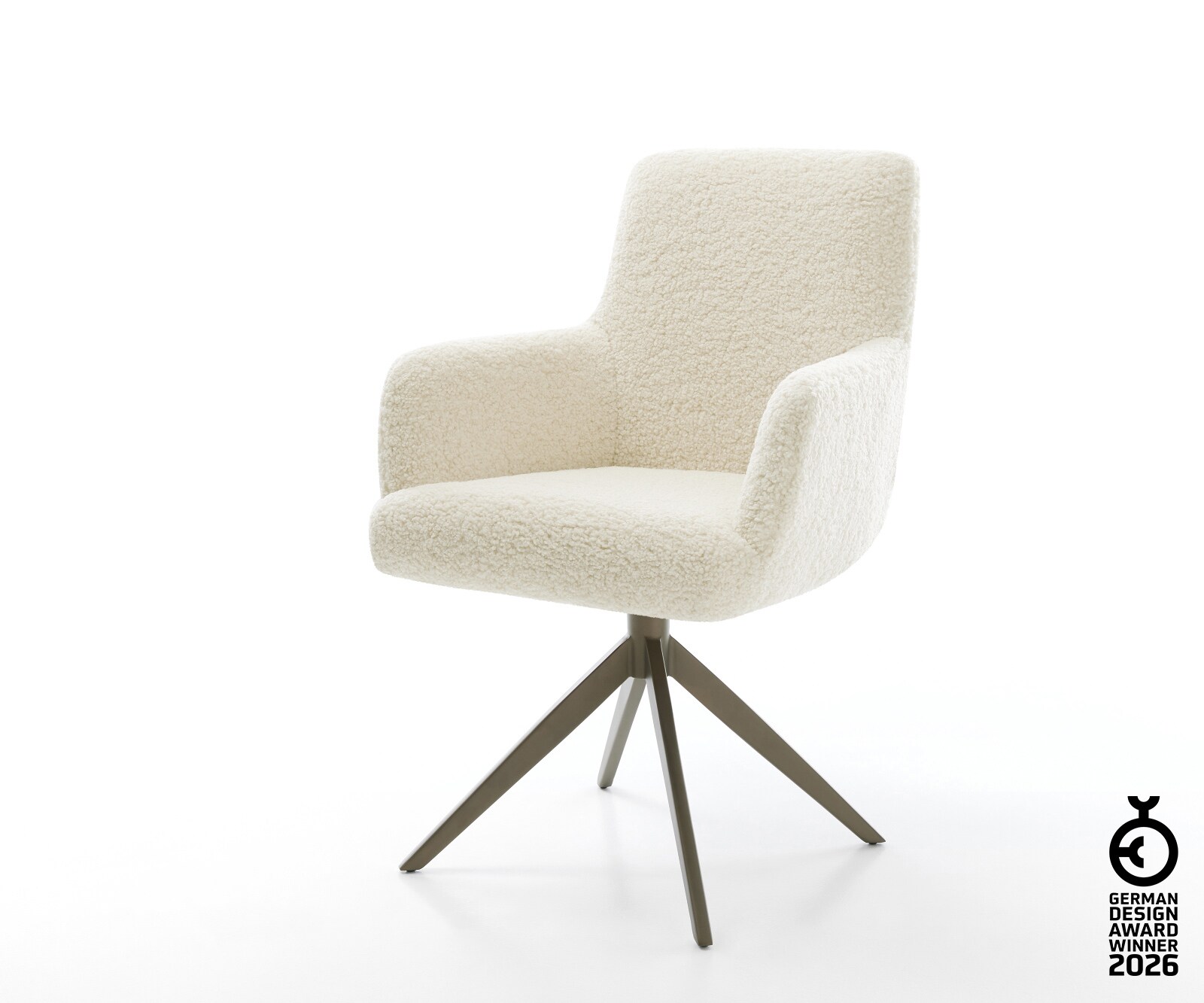 Drehstuhl Heira-Flex mit Armlehnen Teddystoff Beige Kreuzgestell breit Effektfinish Titan 360° drehbar Wippfunktion Taschenfederkern