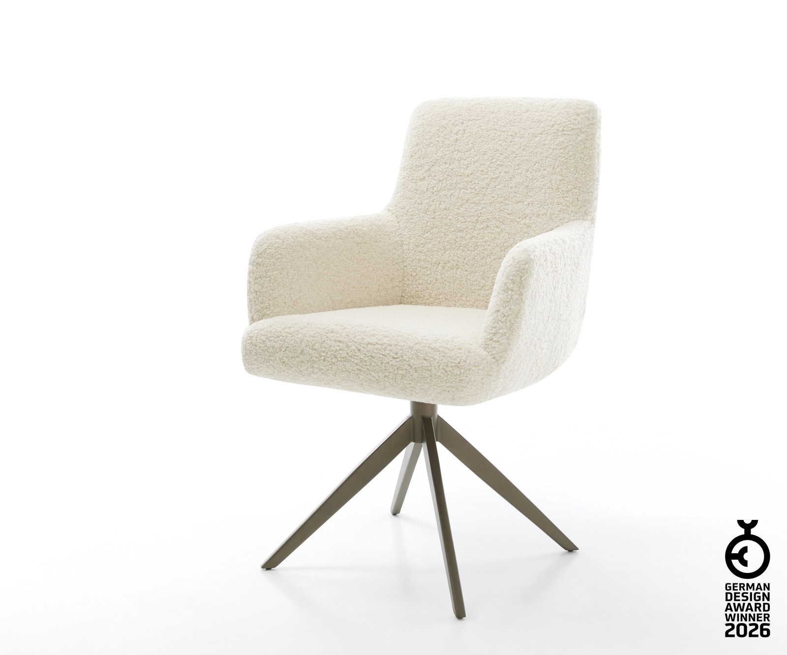 Drehstuhl Heira-Flex mit Armlehnen Teddystoff Beige Kreuzgestell breit Effektfinish Titan 360° drehbar Wippfunktion Taschenfederkern