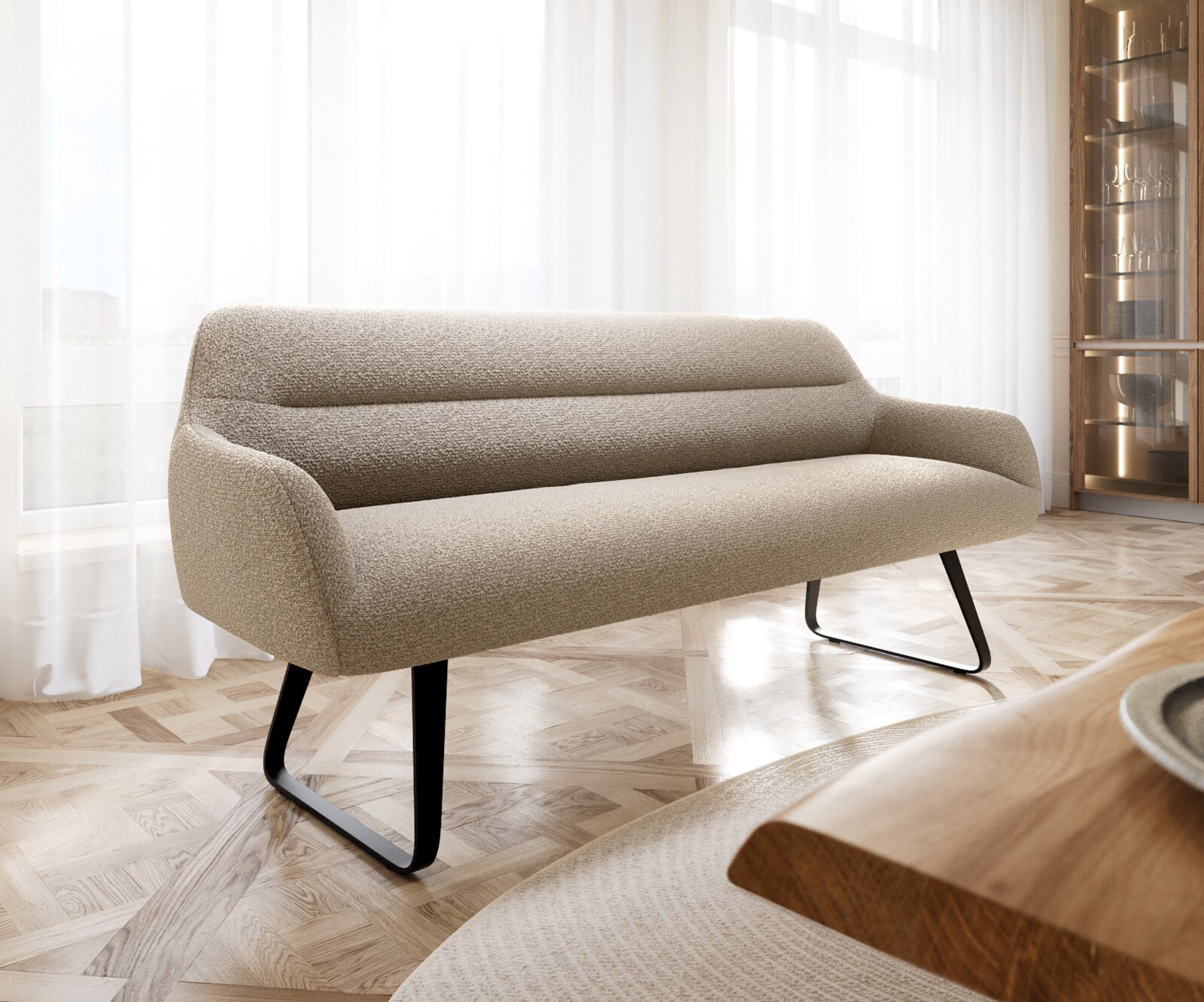 Esszimmerbank Taya-Flex 200 cm Bouclé Schlamm Kufengestell flach Schwarz Taschenfederkern 1