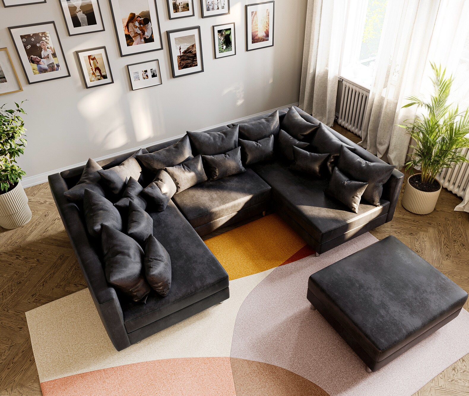 Wohnlandschaft Clovis Anthrazit Antik Optik modular Hocker  3