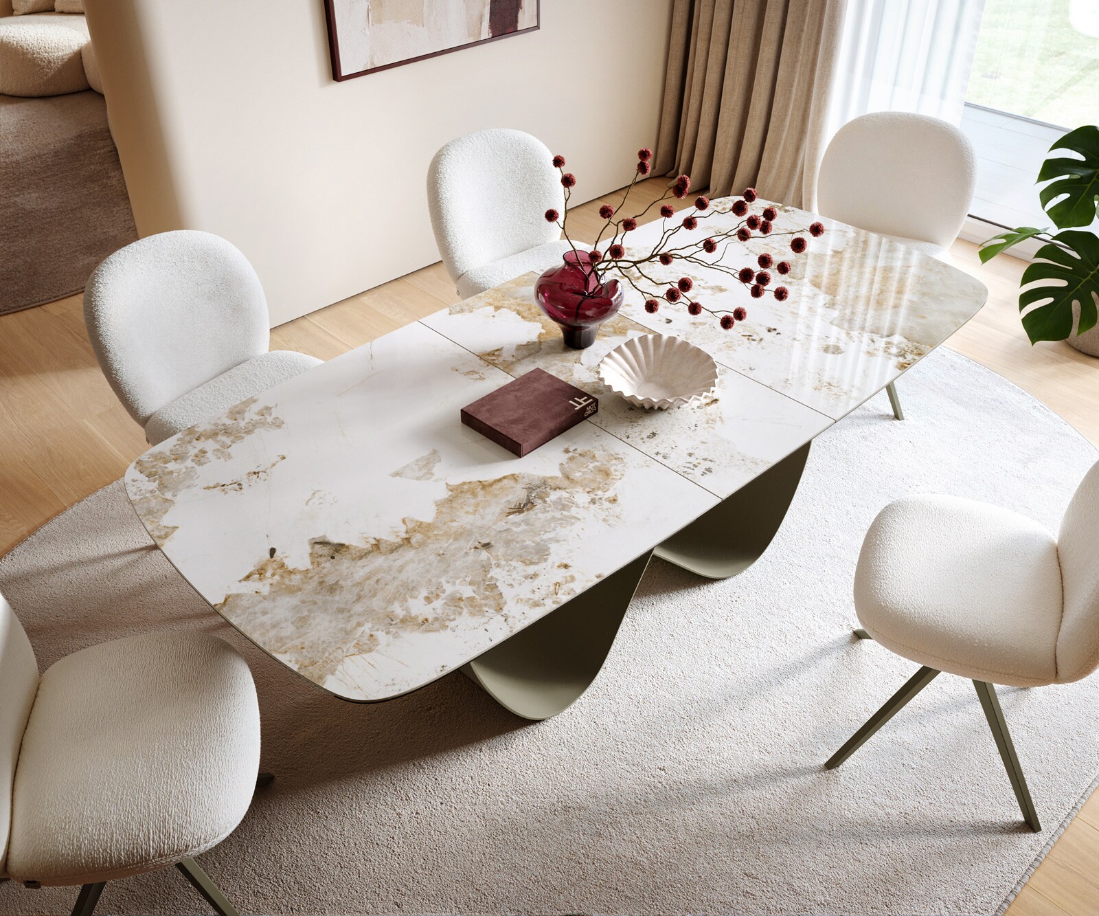 Esstisch Edge Boot 180-220x100 Keramik Minas Melange Weiß-Beige Infinity Metall Effektfinish Titan ausziehbar 3