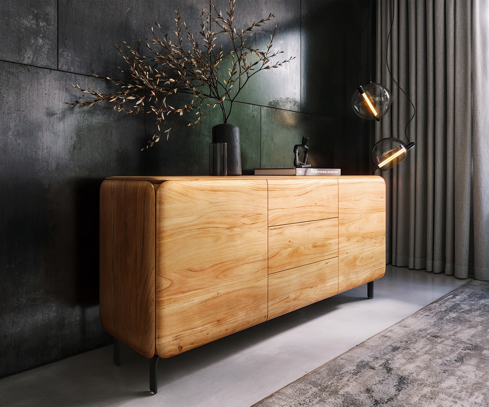 Sideboard Shavani 175 cm Akazie Natur 2 Türen 3 Schubladen L-Fuß Metall Schwarz 1