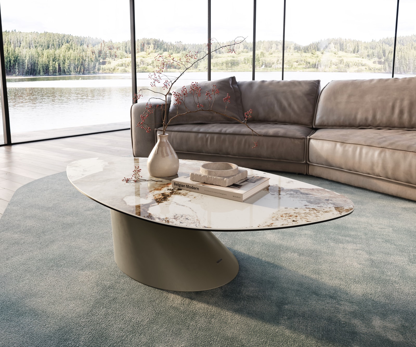 Wohnzimmertisch Edge Organisch 140x76 cm Keramik Minas Melange Conis Metall Effektfinish Titan
