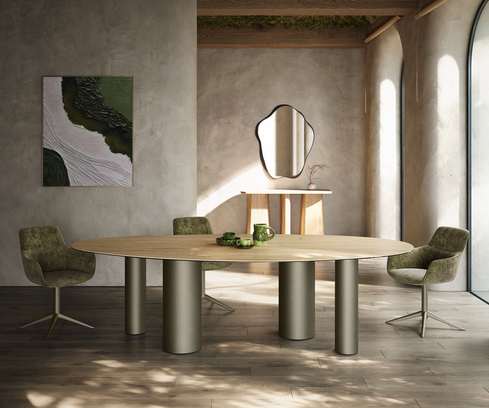 Esstisch Edge Oval 280x130 Keramik Laminam® Sabbia Eichefarbig Pilier Metall Effektfinish Titan 2