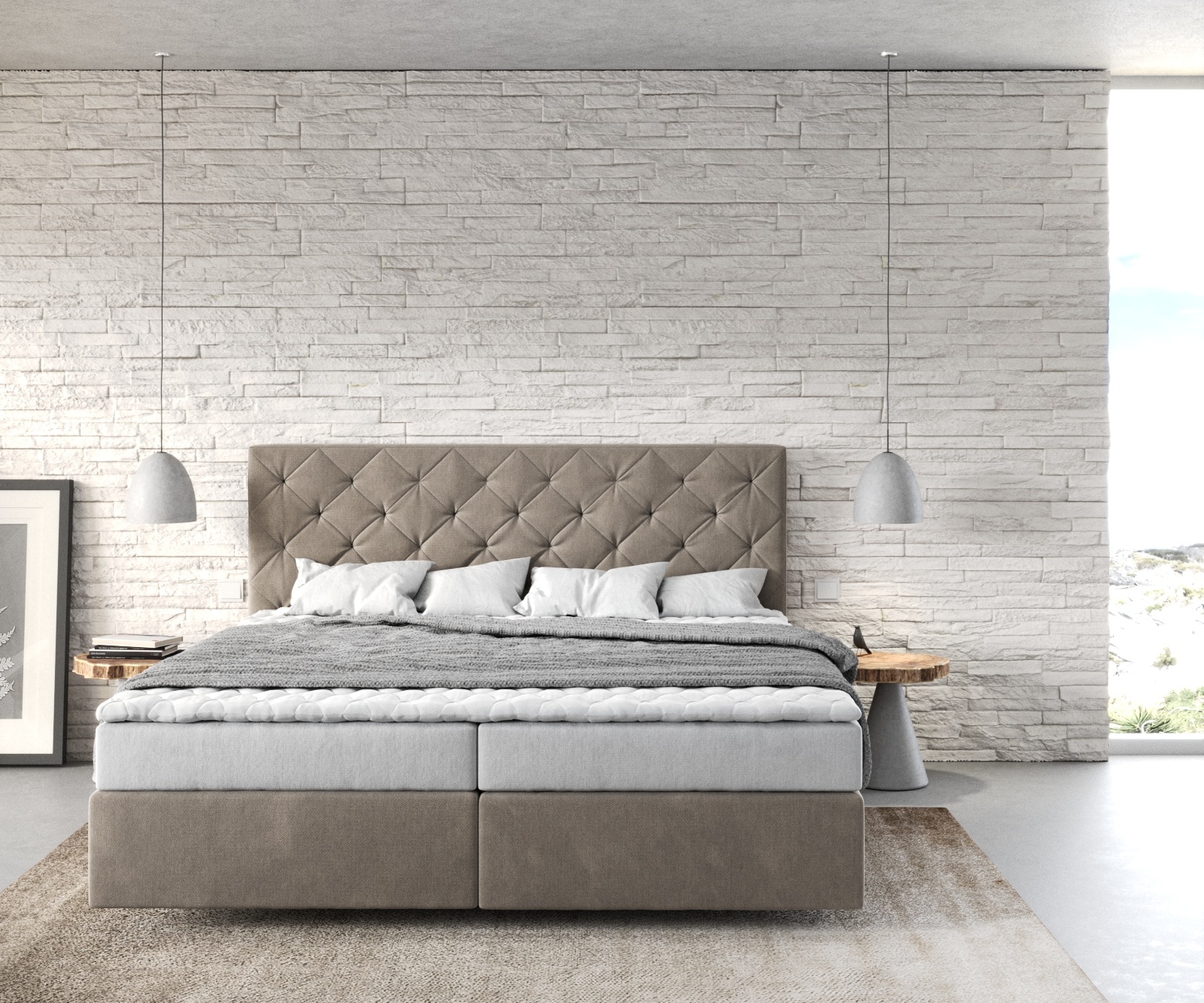 Boxspringbett Dream-Great 180x200 cm Mikrofaser Beige mit Matratze und Topper 1 Boxspringbett Dream-Great 180x200 cm Mikrofaser Beige mit Matratze und Topper 1