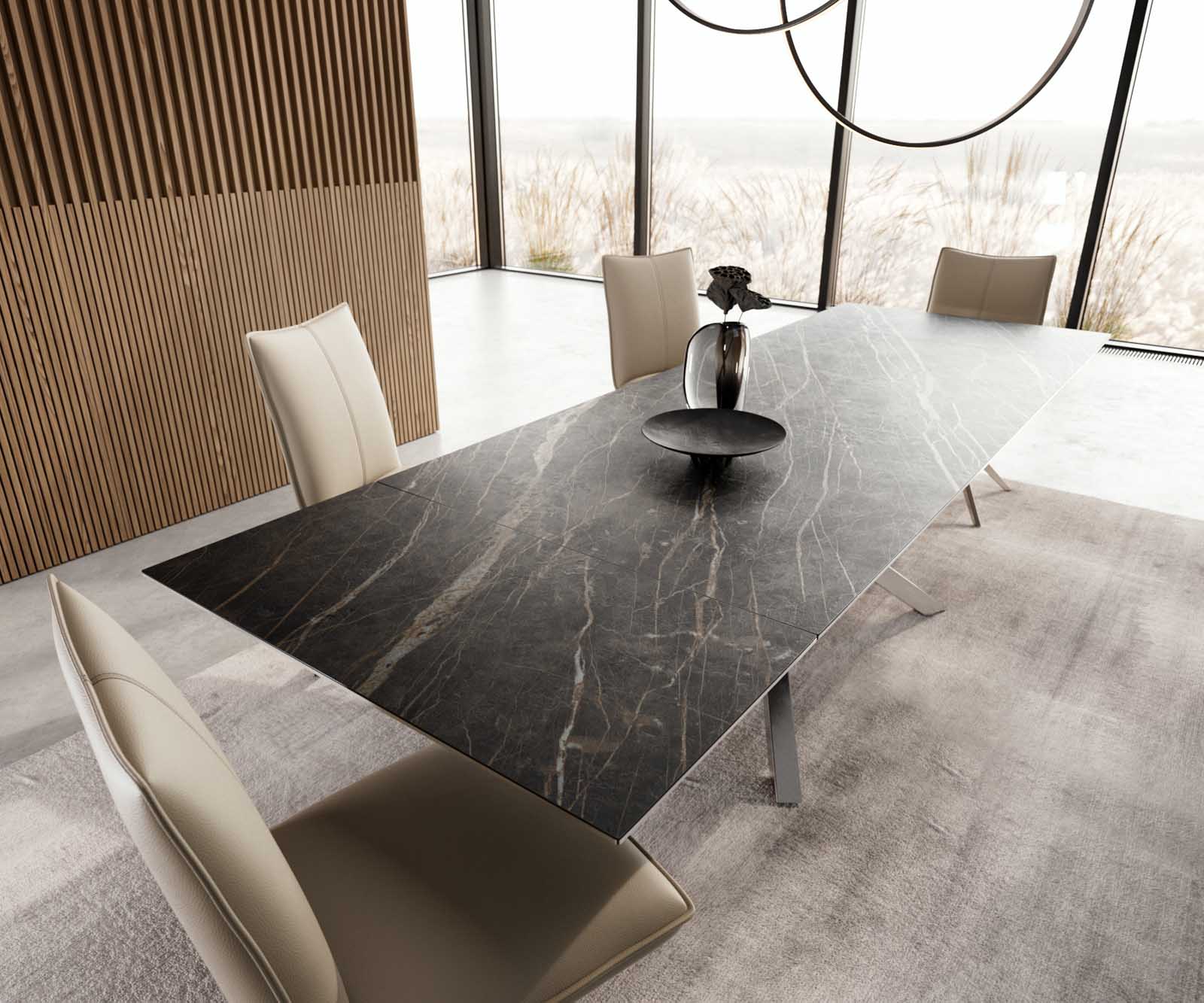 Esstisch Edge 200-300x100 Keramik Laminam®Noir Desir Braun Kreuzgestell Rechteck Edelstahl ausziehbar 3