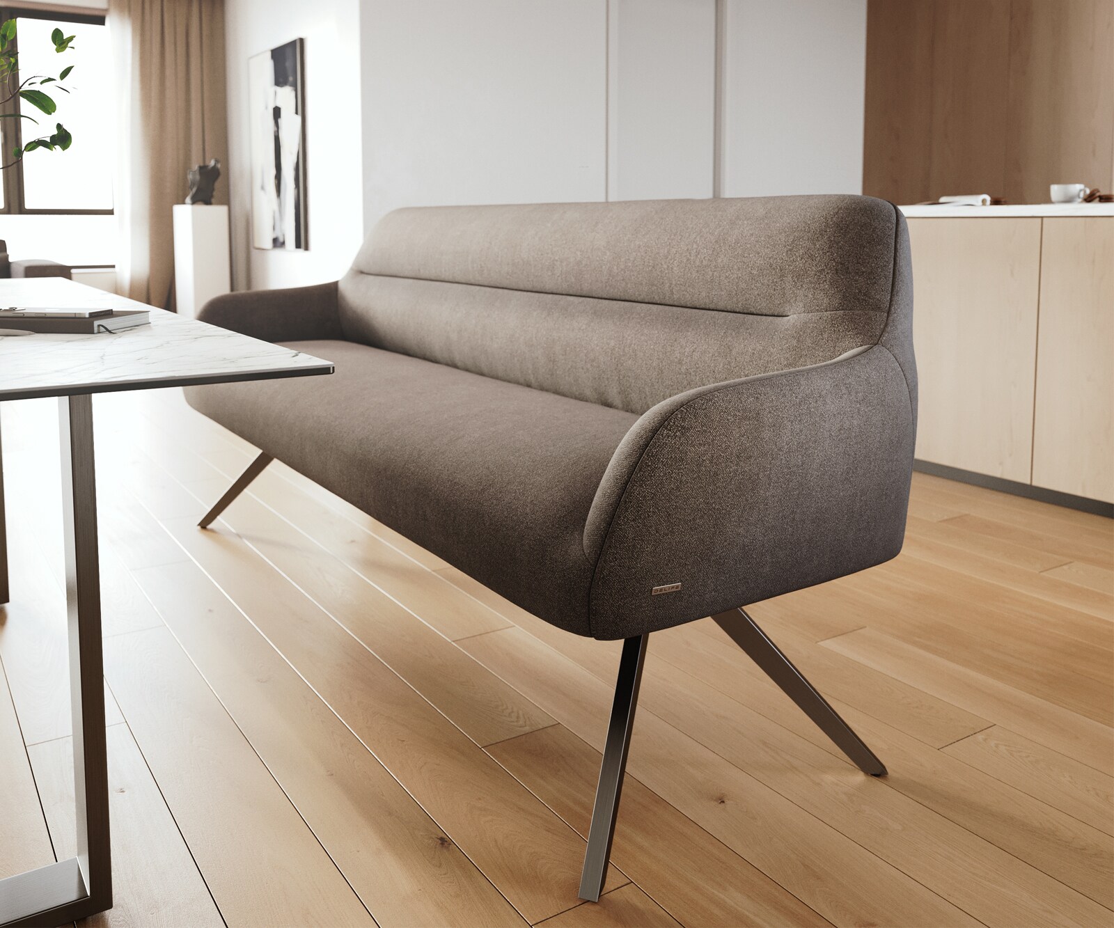 Esszimmerbank Taya-Flex 200 cm Strukturstoff Soft Taupe Kreuzgestell kantig Schwarz Taschenfederkern 5