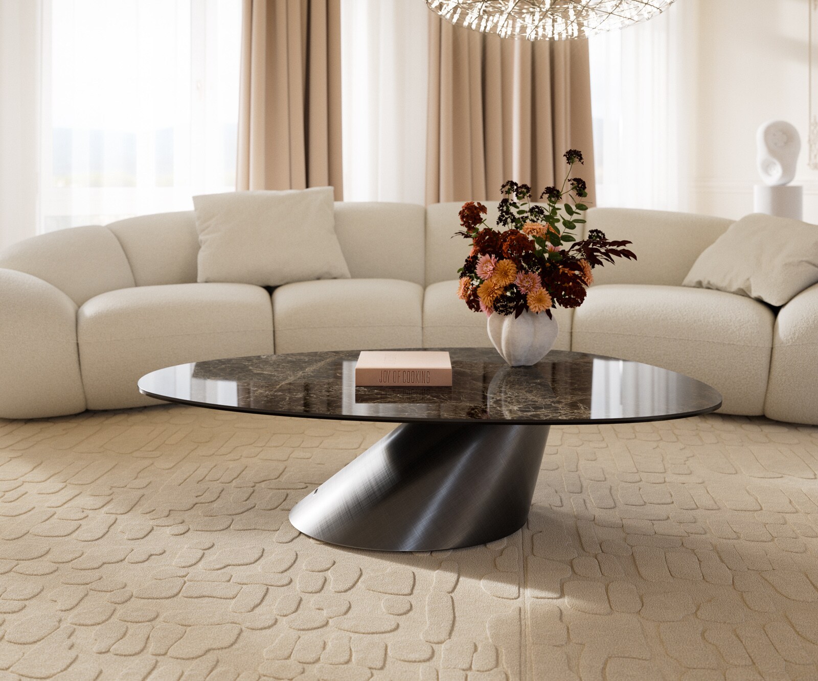 Couchtisch Edge Oval 140x75 cm Keramik Emperador Extra Lucidato Dunkelbraun Conis Metallic Silber 2