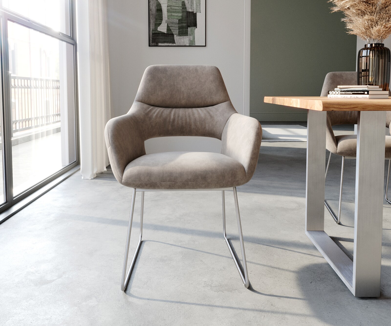Esszimmerstuhl Yago-Flex mit Armlehnen Mikrofaser Taupe Vintage Kufengestell Edelstahl Taschenfederkern 2