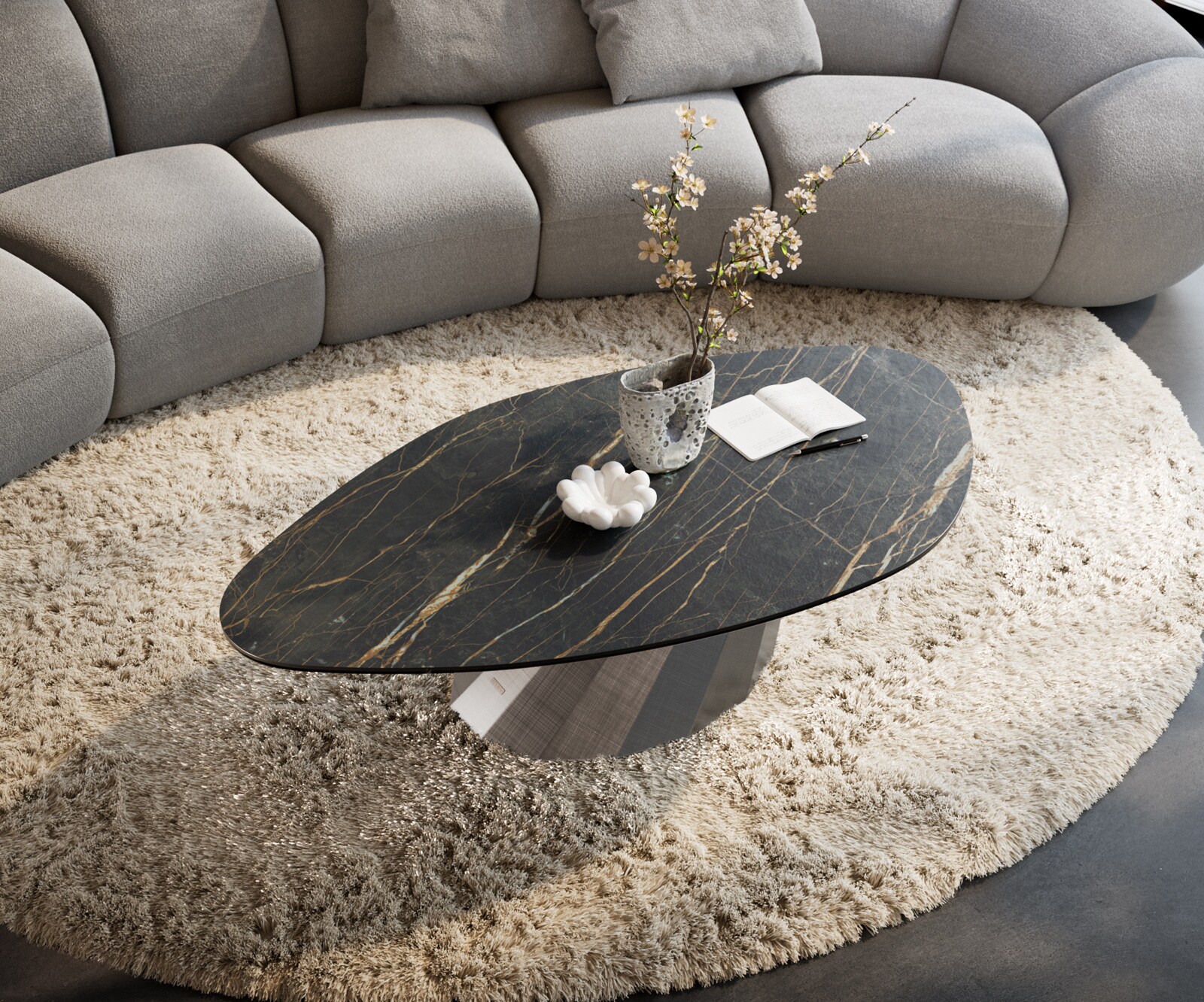 Couchtisch Edge Organisch 140x76 cm Keramik Laminam® Noir Desir Braun Parabi Metallic Silber 4