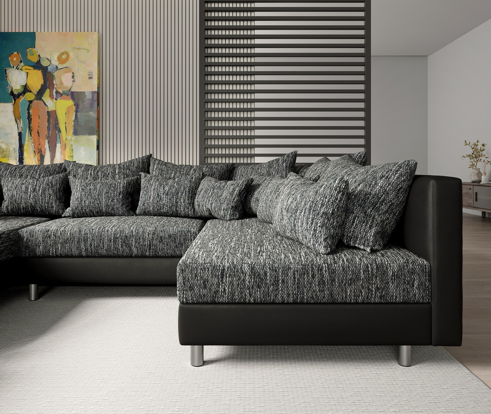 Wohnlandschaft Clovis Schwarz Modulsofa mit Hocker  4