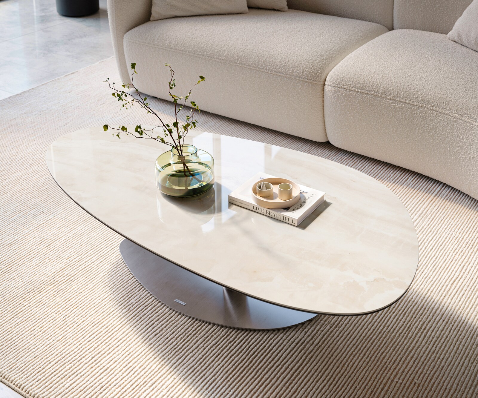 Couchtisch Edge Oval 140x75 cm Keramik Onyx Champagne Vibany Edelstahl gebürstet 1