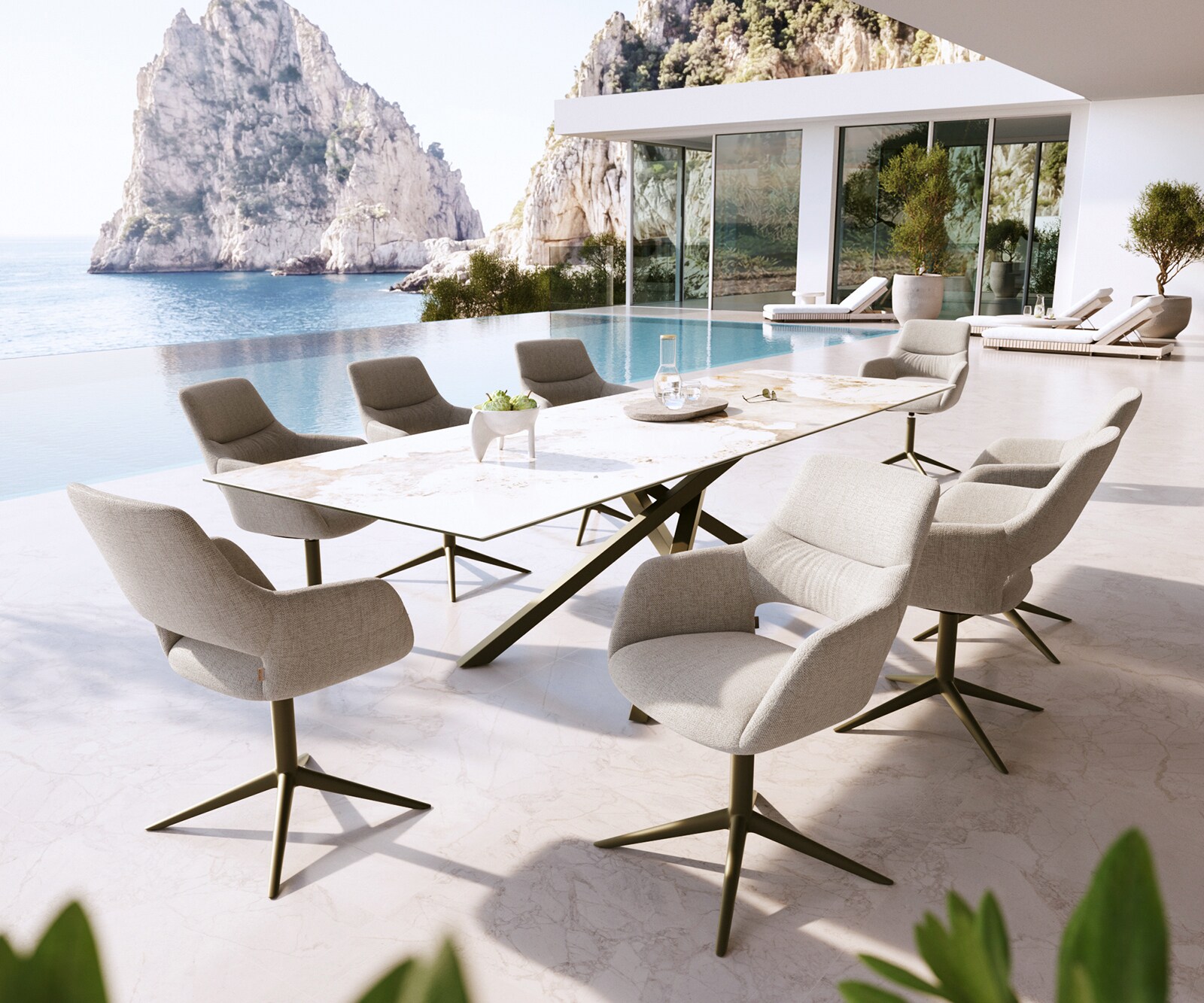 Outdoorstuhl Yago-Flex mit Armlehnen Strukturstoff Grau-Weiß Fußkreuz Effektfinish Titan 360° drehbar Wippfunktion 4