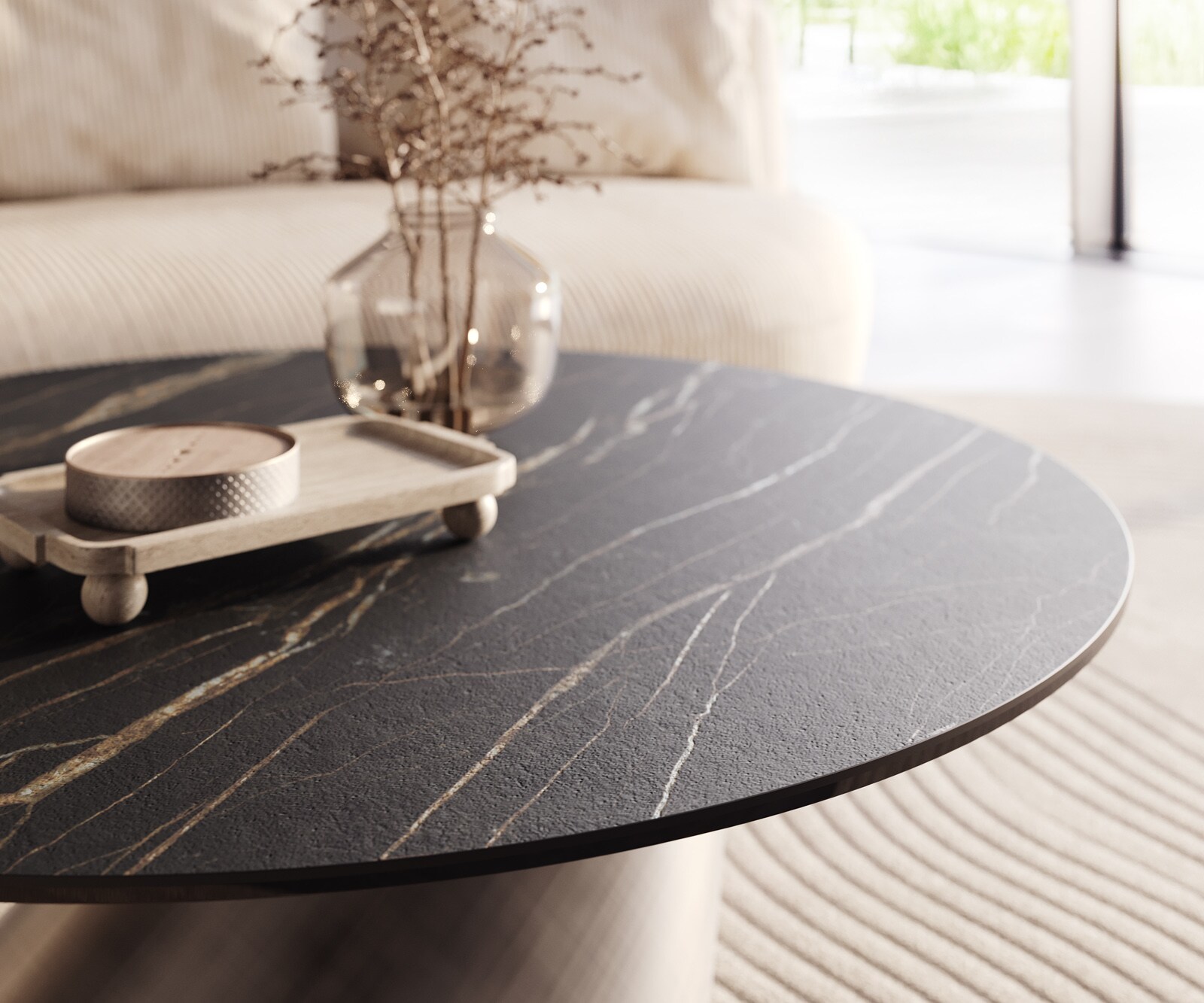 Couchtisch Edge Rund 100x100 cm Keramik Laminam® Noir Desir Braun Conis Metallic Silber 4
