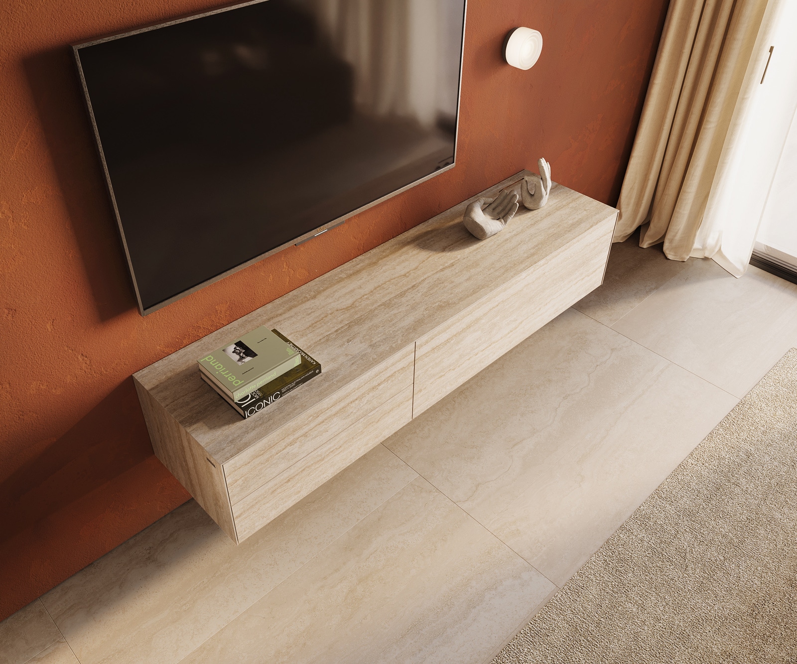 Lowboard Cuor 180 cm Keramik Laminam® Travertino Bianco Creme-Weiß 1 Klappe 2 Schubfächer Schwebend 4