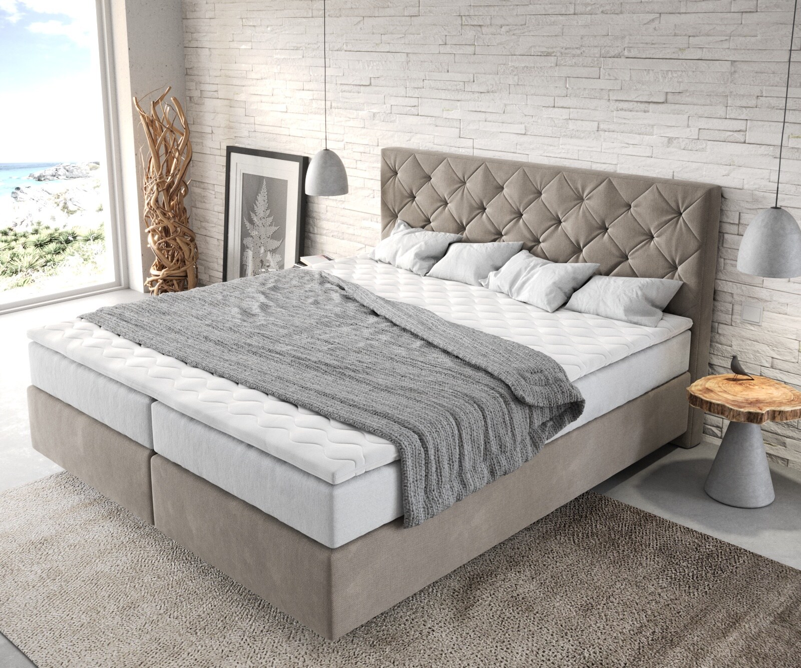 Boxspringbett Dream-Great 180x200 cm Mikrofaser Beige mit TFK Matratze und Visco Topper 3