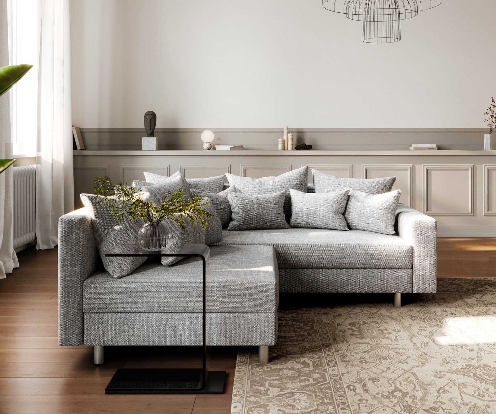 Ecksofa Clovis Hellgrau Strukturstoff Armlehne Ottomane Rechts 1 Ecksofa Clovis Hellgrau Strukturstoff Armlehne Ottomane Rechts 1