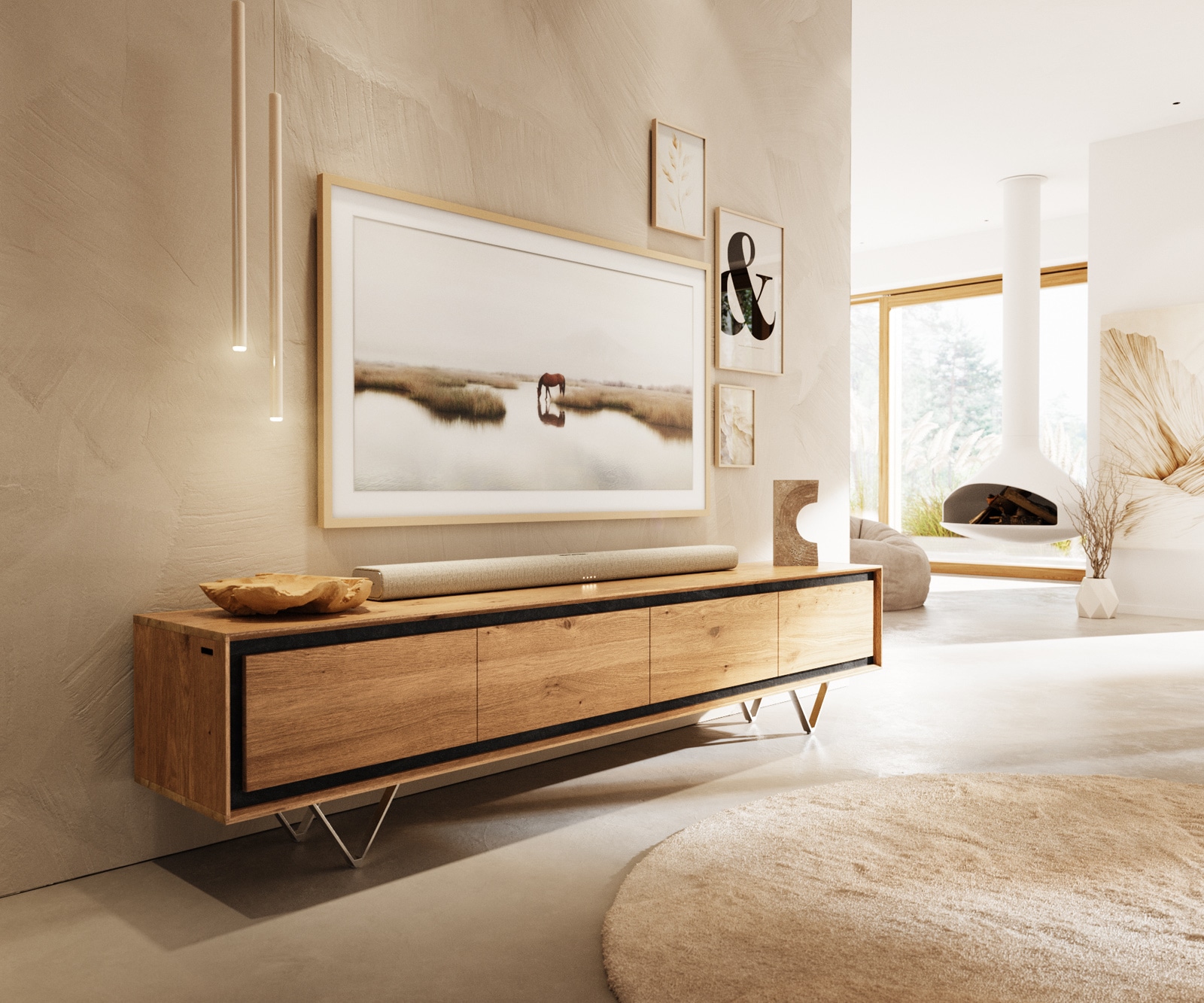 Lowboard Stonegrace 200 cm Eiche Natur 4 Türen Steinfurnier V-Fuß Edelstahl Lowboard Stonegrace 200 cm Eiche Natur 4 Türen Steinfurnier V-Fuß Edelstahl