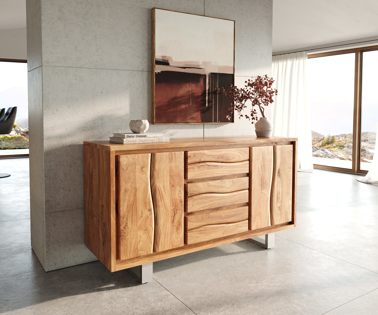 Sideboard Live-Edge 147 cm Akazie Natur 3 Schübe 2 Türen Sideboard Live-Edge 147 cm Akazie Natur 3 Schübe 2 Türen