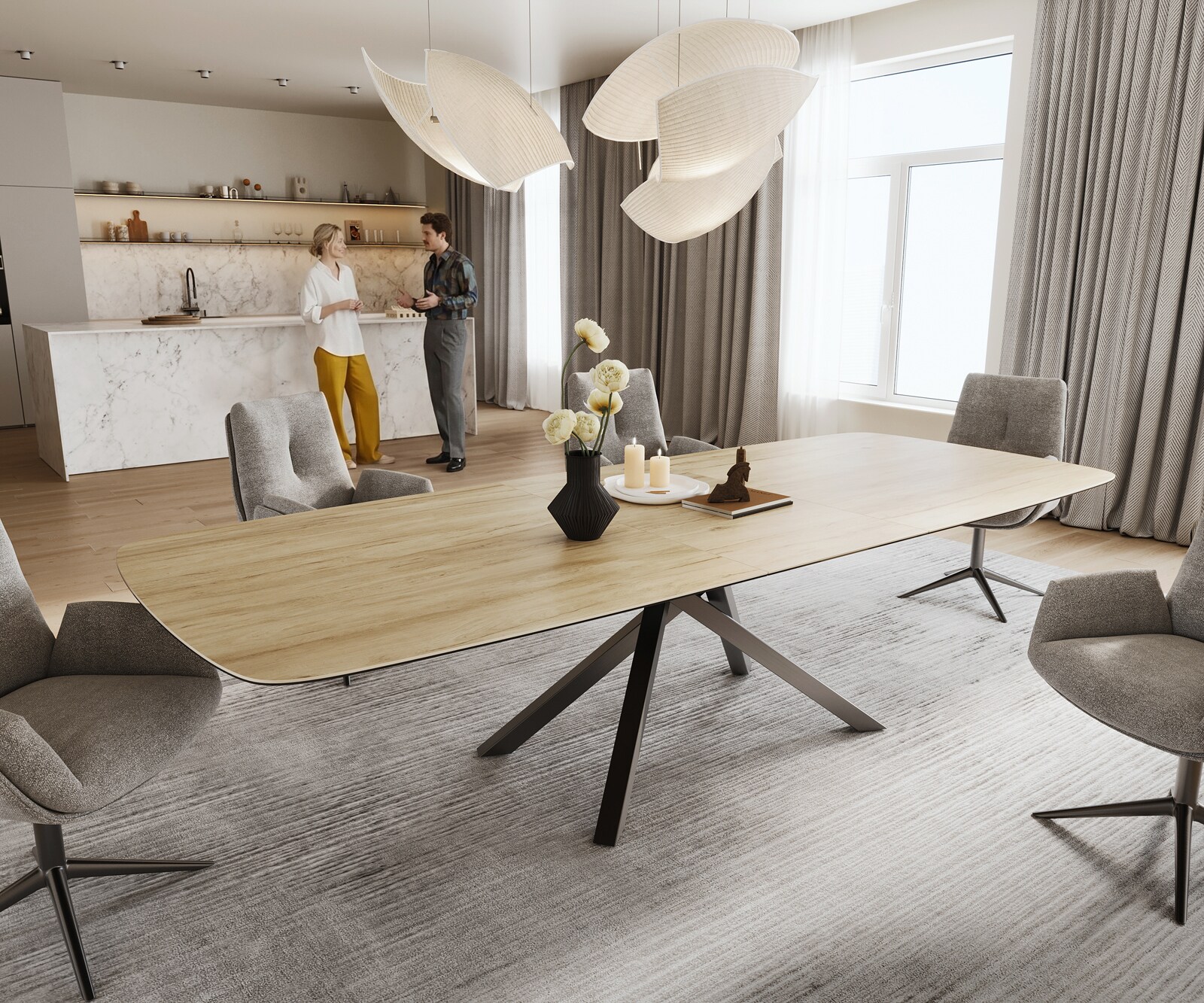 Esstisch Edge Boot 240-300x120 cm Keramik Laminam® Sabbia Eichefarbig Kreuzgestell Rechteck Edelstahl Graphit ausziehbar 1