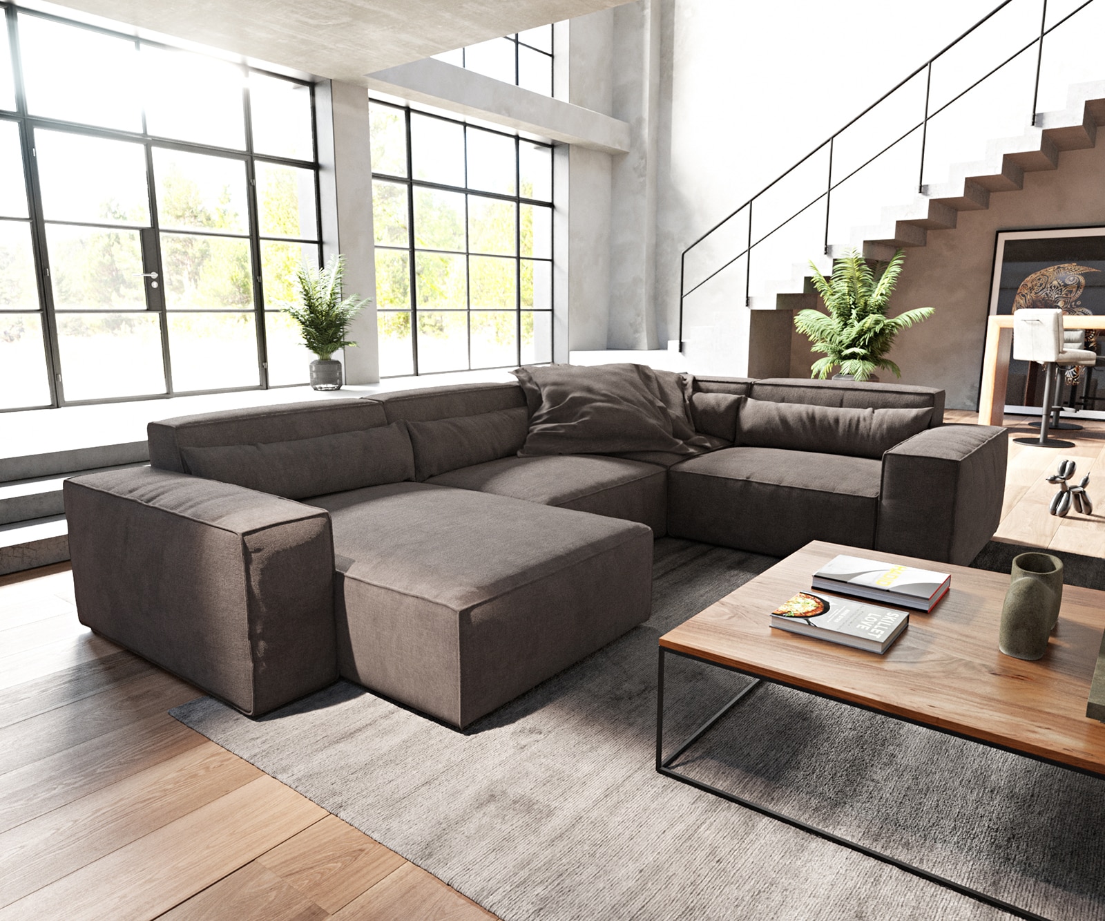 Canapé panoramique Sirpio cm Microfibre Marron Kaki Recamiere variable