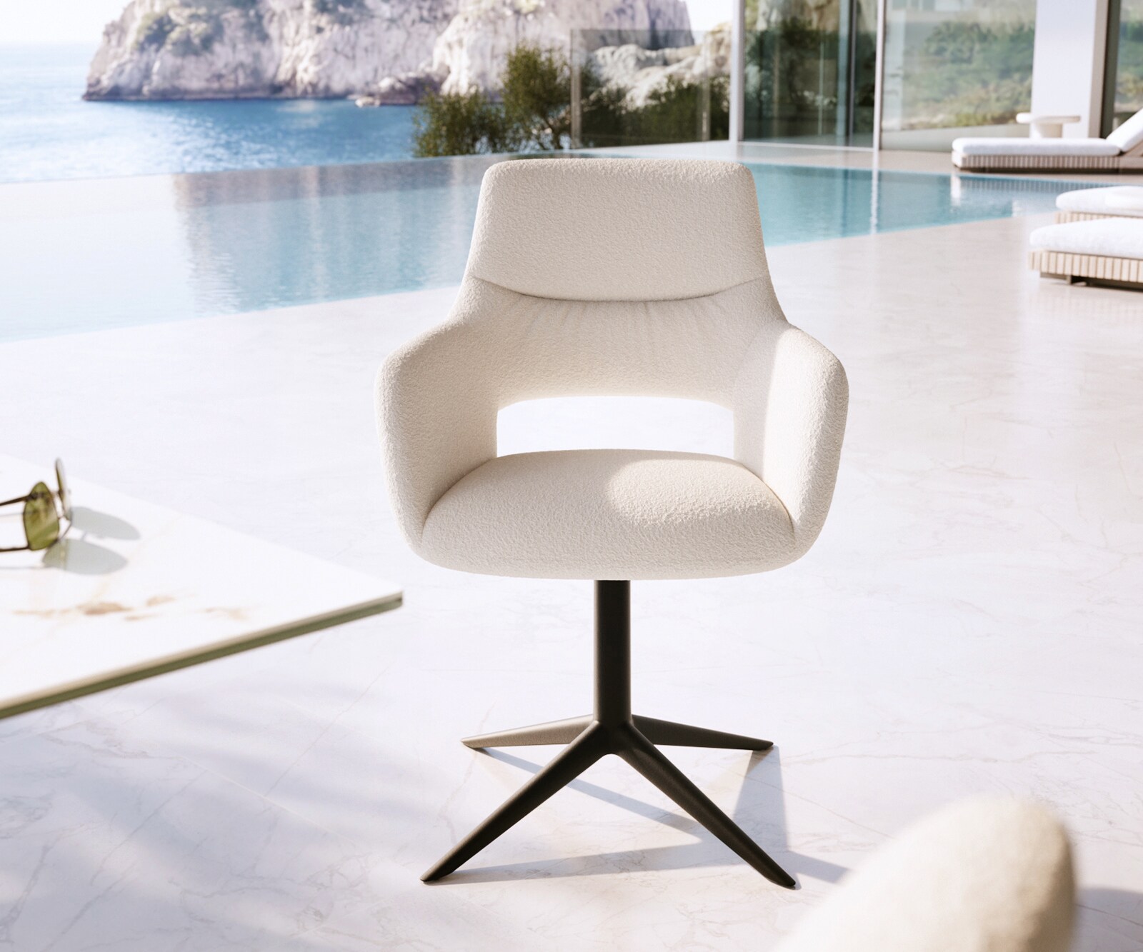 Outdoorstuhl Yago-Flex mit Armlehnen Bouclé Weiß Fußkreuz Schwarz 360° drehbar Wippfunktion 1