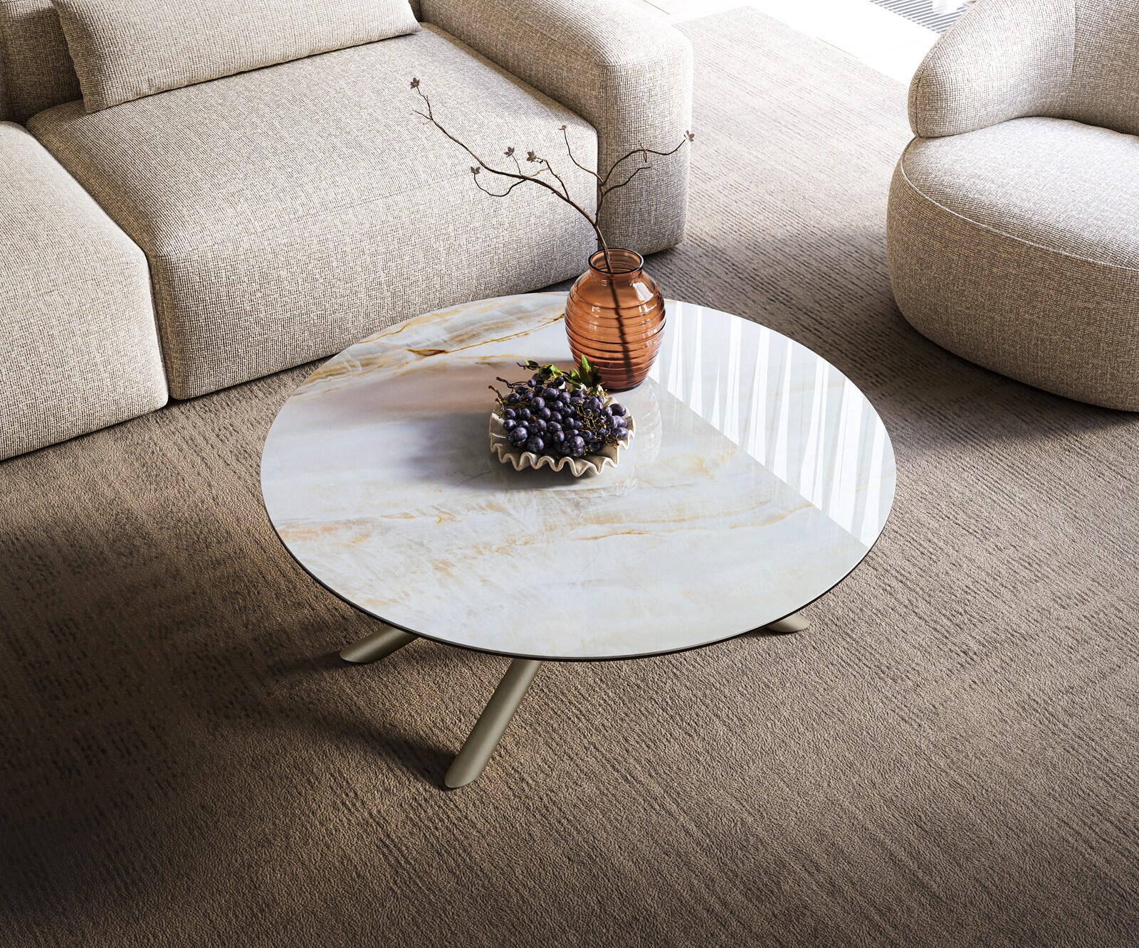 Couchtisch Edge Rund 100x100 cm Keramik Onyx Pearl Sarity Metall Effektfinish Titan 3
