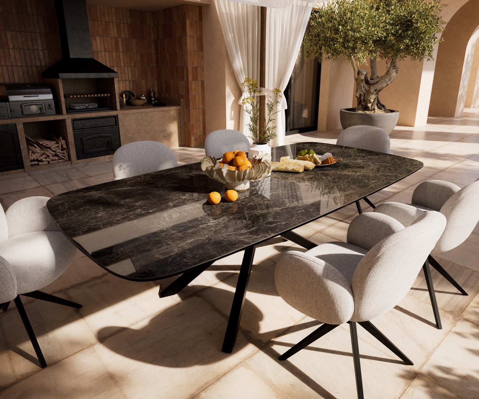 Outdoortisch Edge Boot 240x120 cm Keramik Emperador Extra Lucidato Dunkelbraun Kreuzgestell Rechteck Schwarz