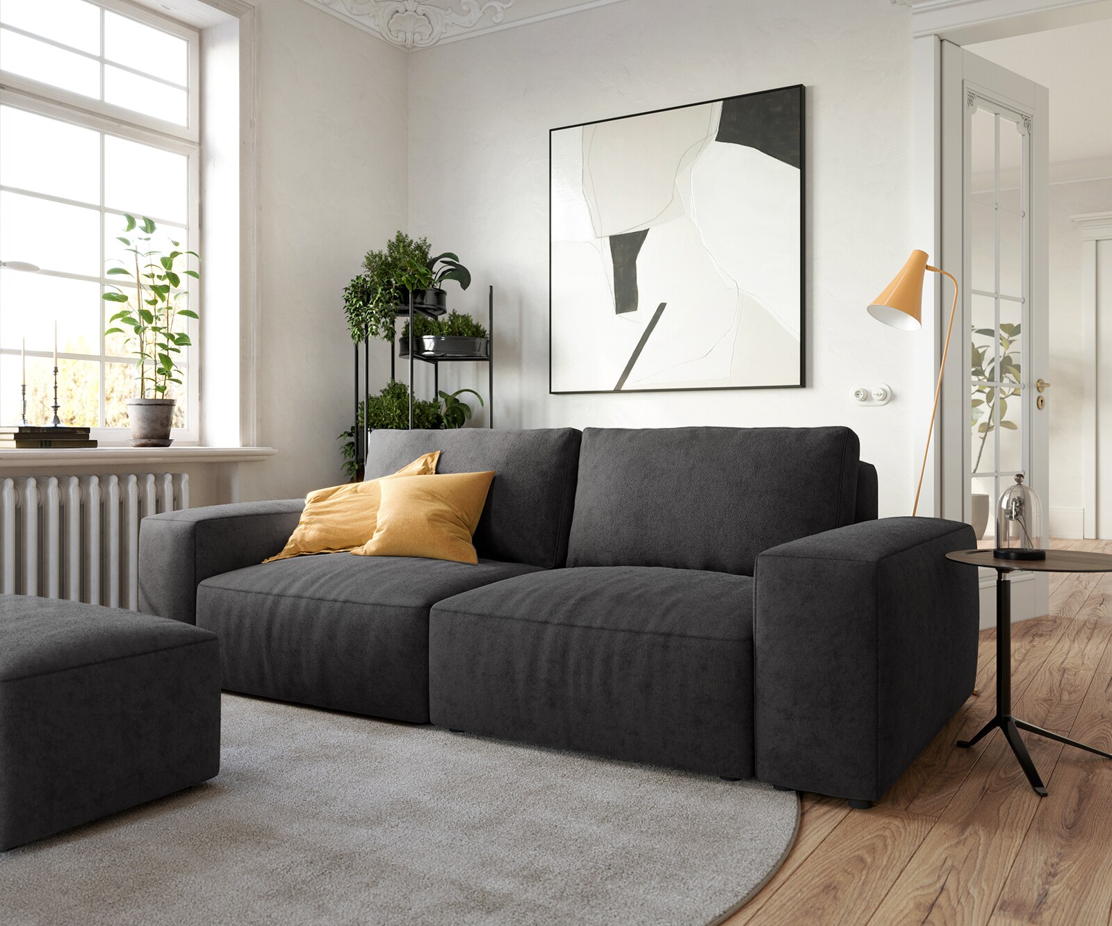 Big-Sofa Lanzo 230x95 cm Mikrofaser Schwarz mit Hocker günstig online kaufen