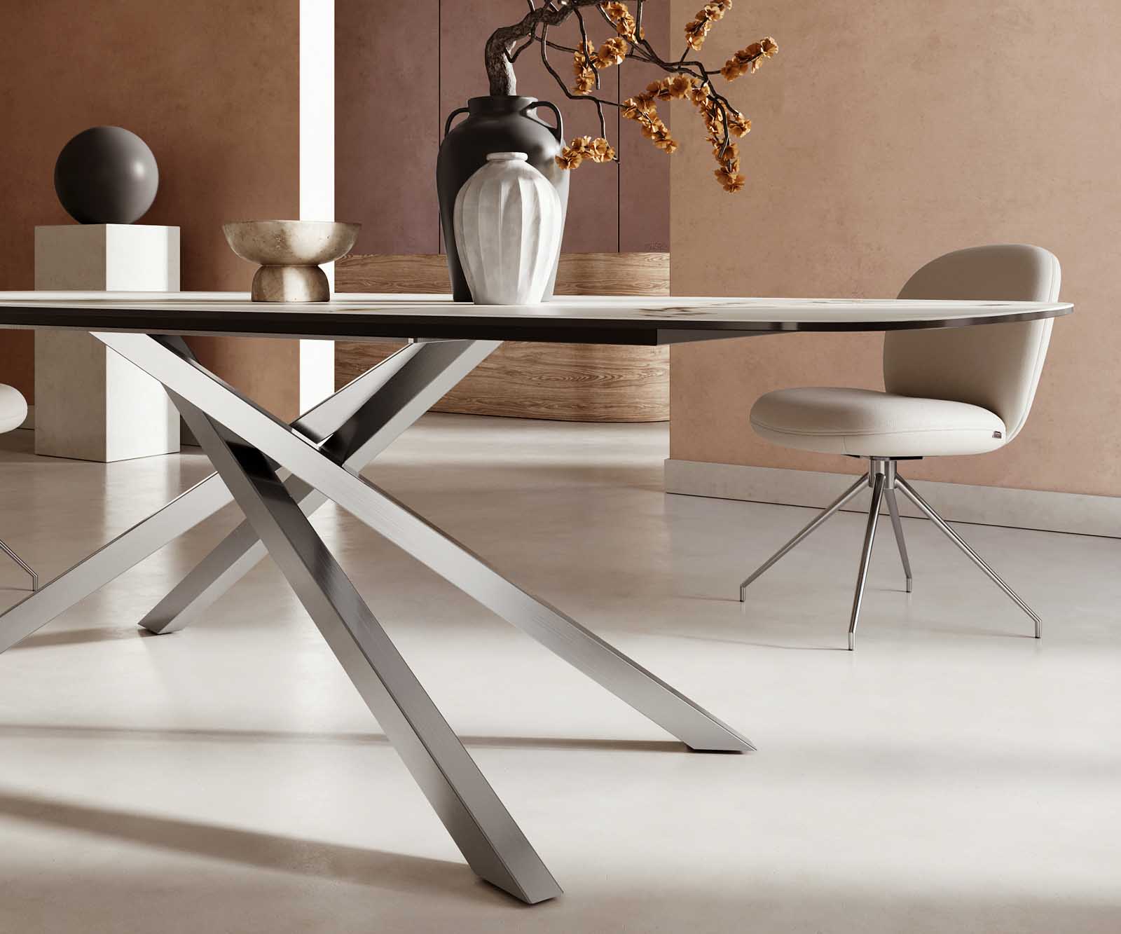 Esstisch Edge Boot 240x120 Keramik Calacatta Luxe Weiß-Gold-Grau Kreuzgestell Rechteck Edelstahl 6