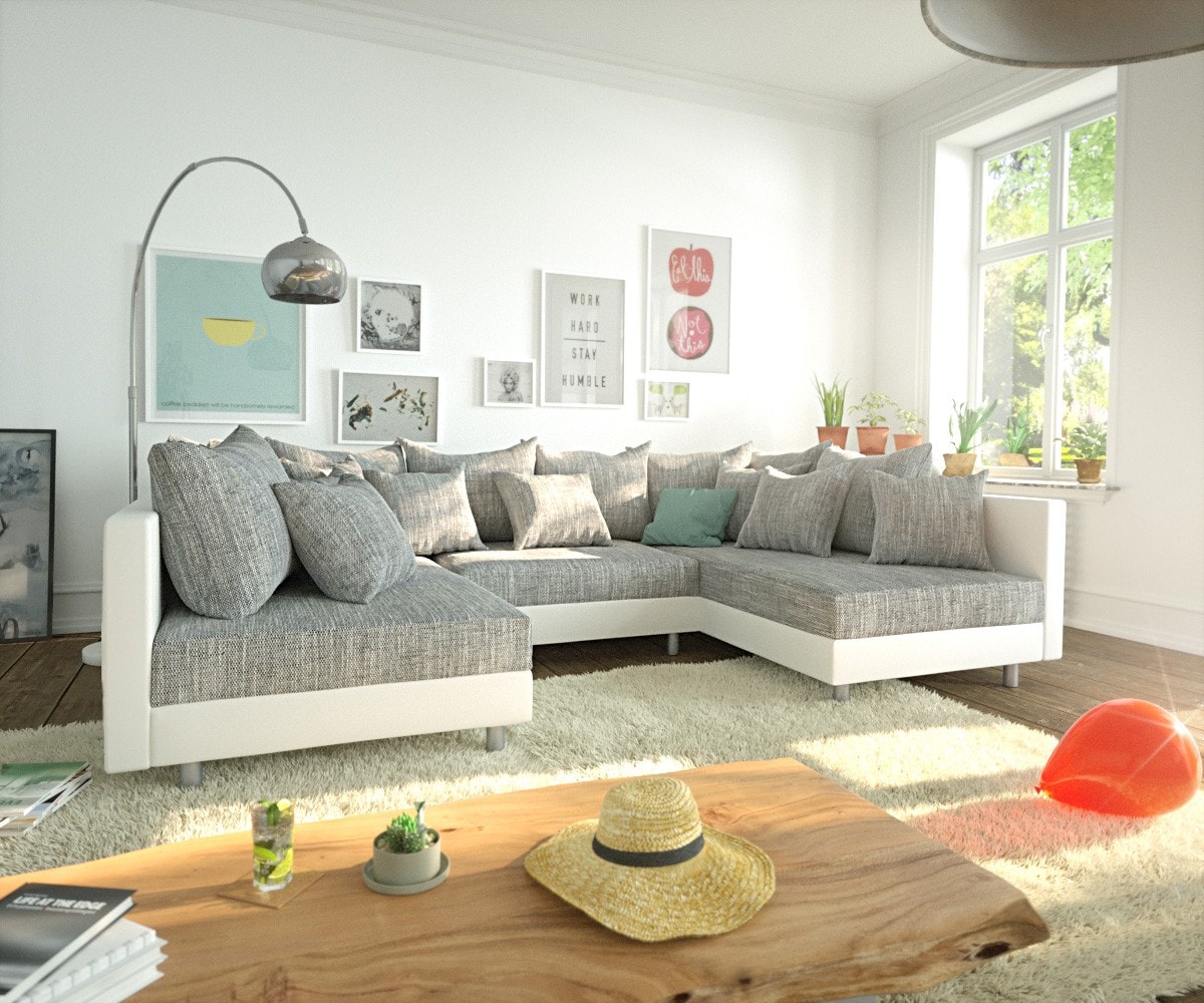 Wohnlandschaft Clovis Weiss Hellgrau Modulares Sofa Wohnlandschaft Clovis Weiss Hellgrau Modulares Sofa