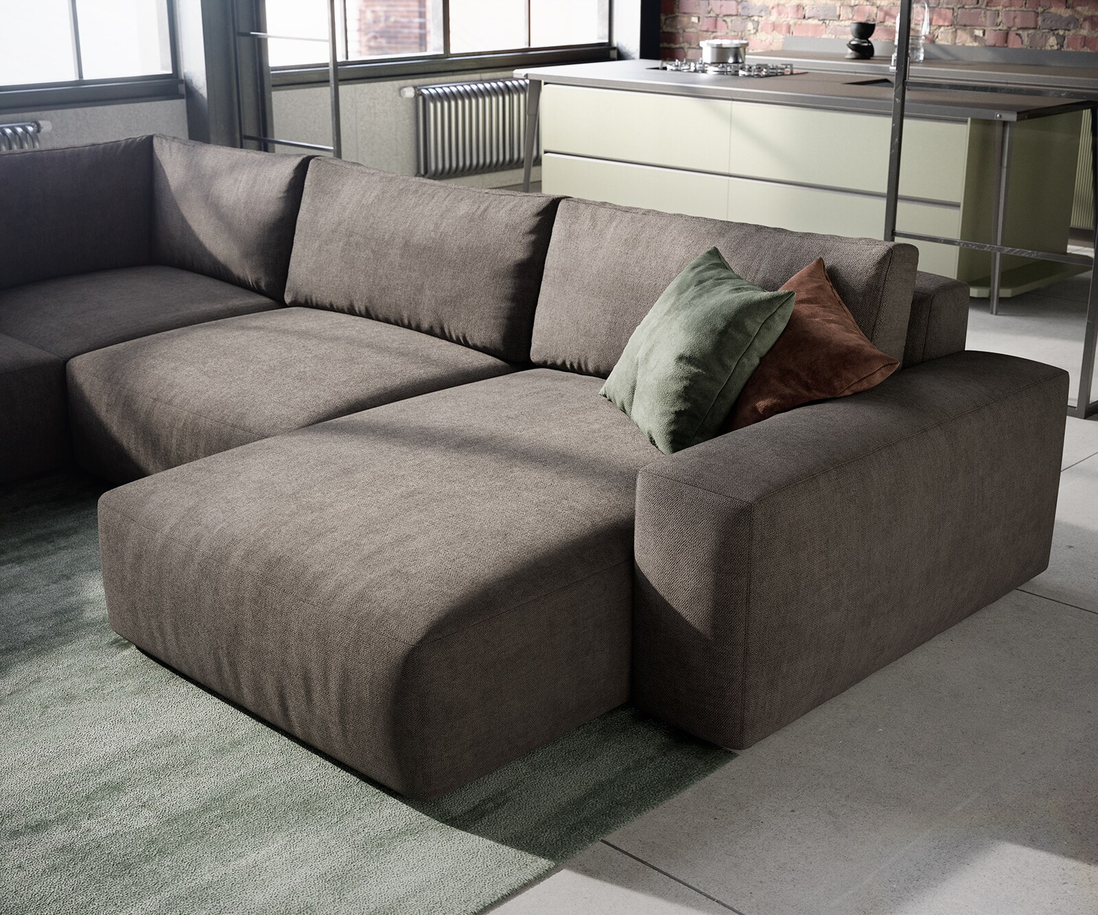 Wohnlandschaft Lanzo XL 360x260 cm Mikrofaser Khakibraun Recamiere variabel 5