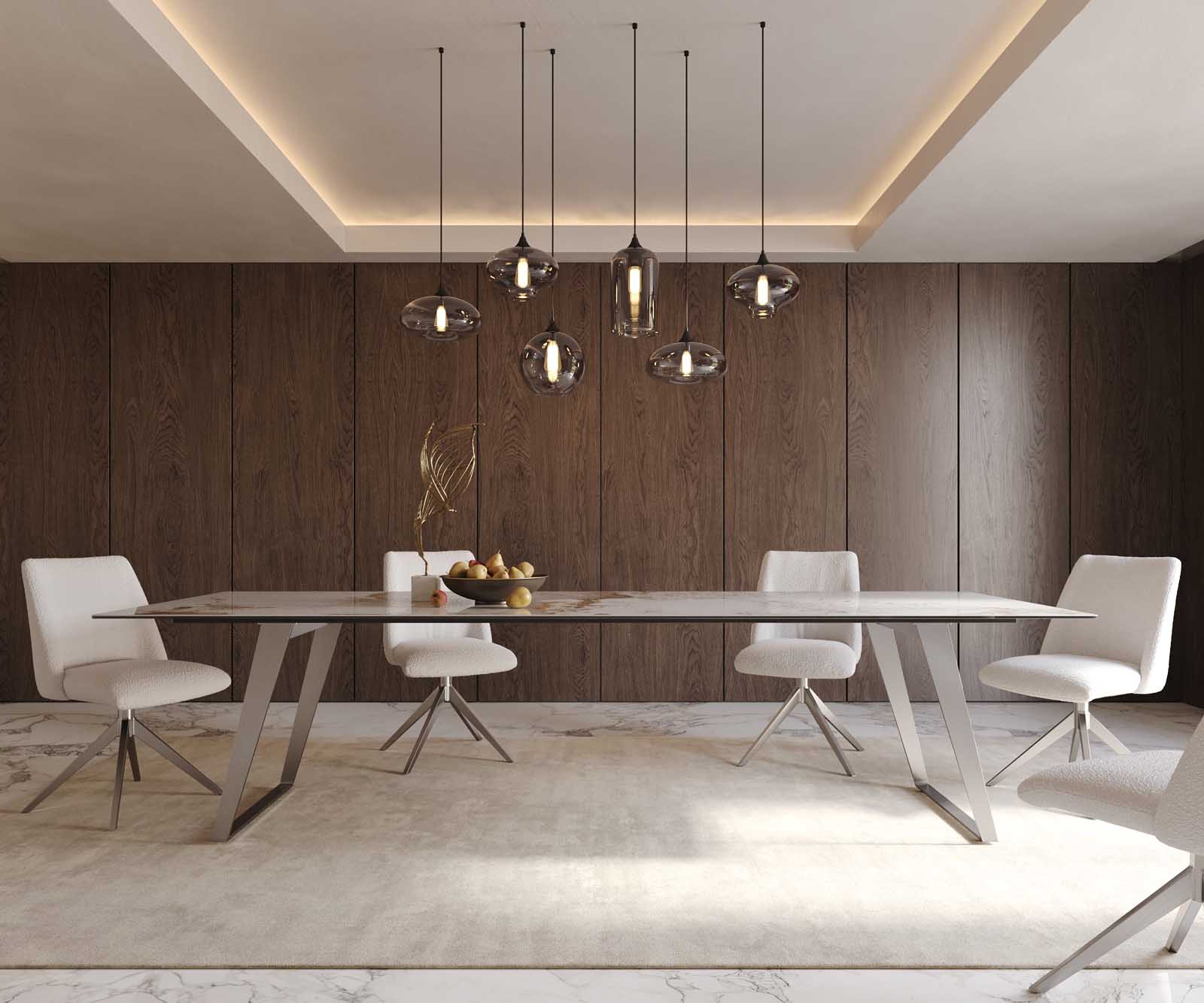 Esstisch Edge 300x100 Keramik Minas Melange Weiß-Beige Edelstahl Schräg 1