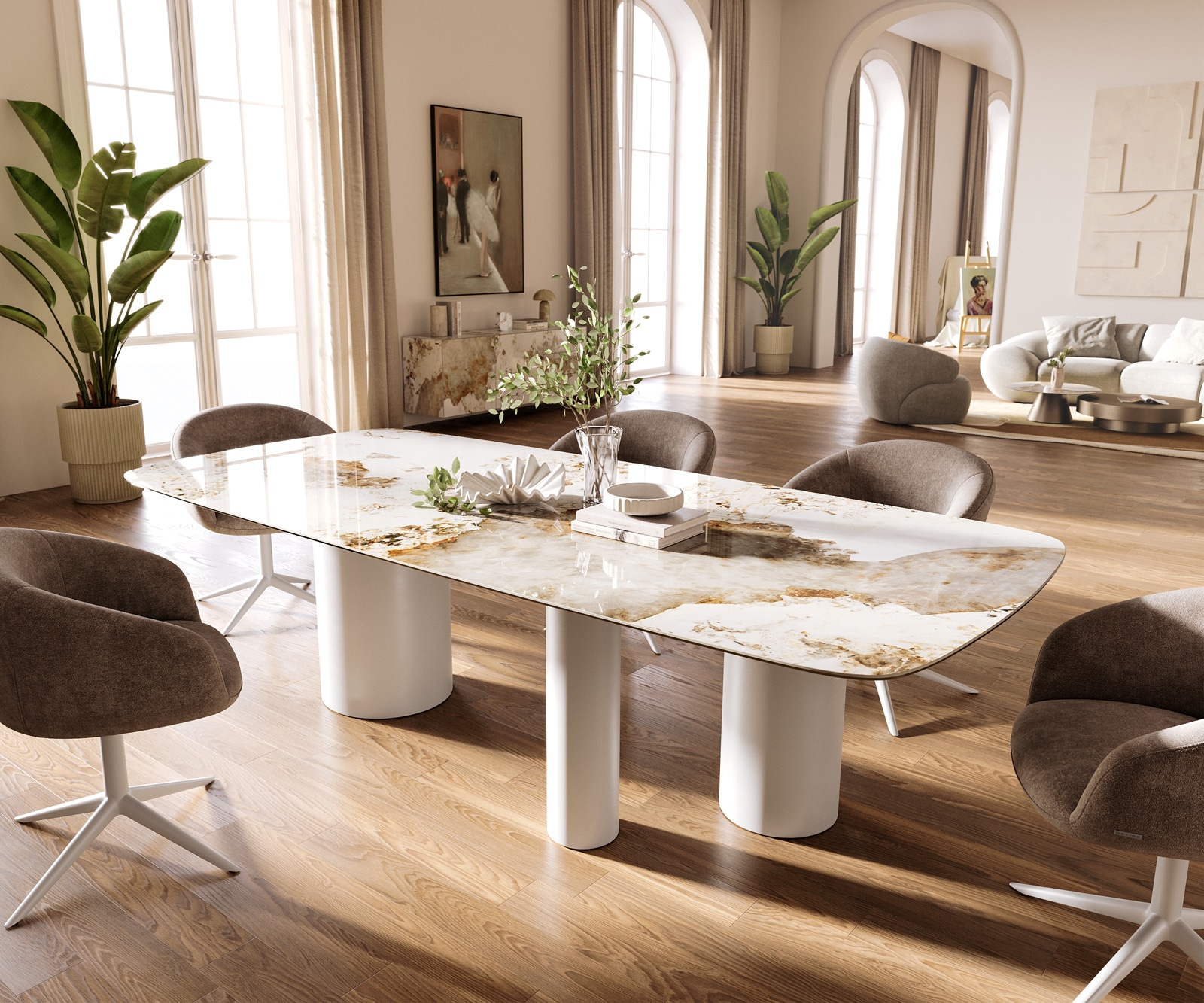 Esstisch Edge Boot 260x120 cm Keramik Minas Melange Weiß-Beige Troa Metall Weiß