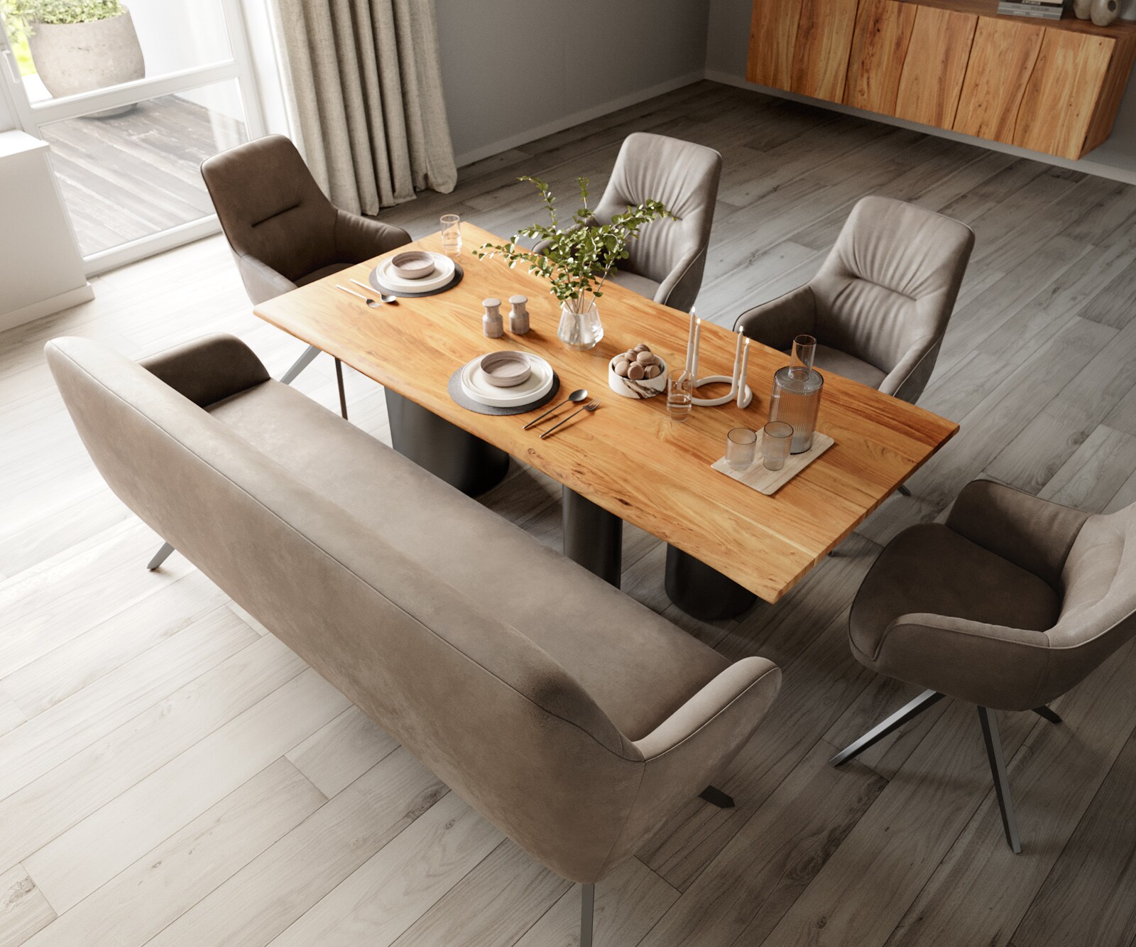 Esszimmerbank Taya-Flex 200 cm Mikrofaser Taupe Vintage Kreuzgestell kantig Graphit Taschenfederkern 3