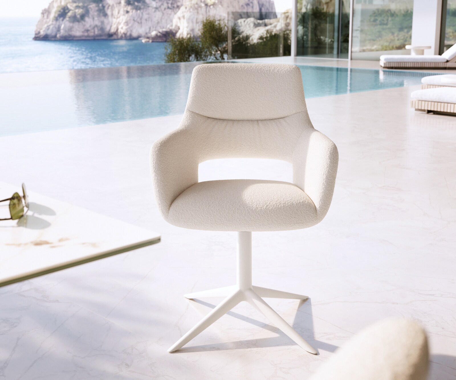 Outdoorstuhl Yago-Flex mit Armlehnen Bouclé Weiß Fußkreuz Weiß 360° drehbar Wippfunktion 1