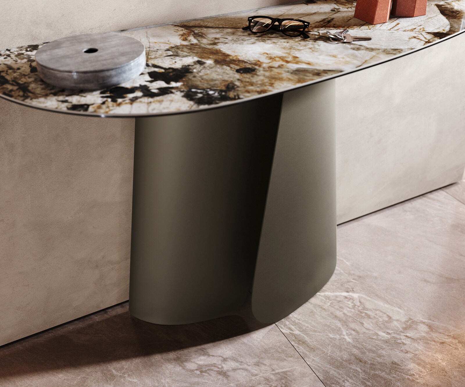 Konsolentisch Edge Oval 140x40 cm Keramik Patagonia Poliert Livos Metall Effektfinish Titan 5