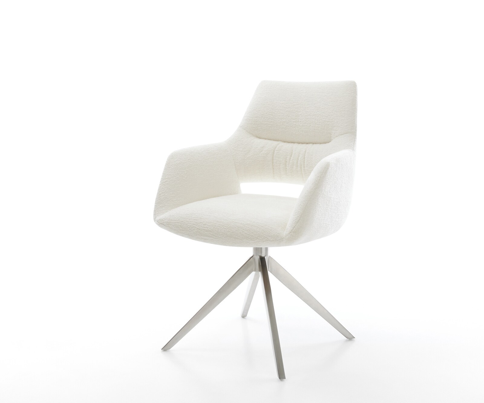 Drehstuhl Yago-Flex mit Armlehnen Bouclé Soft Beige Kreuzgestell breit Edelstahl 360° drehbar Wippfunktion Taschenfederkern