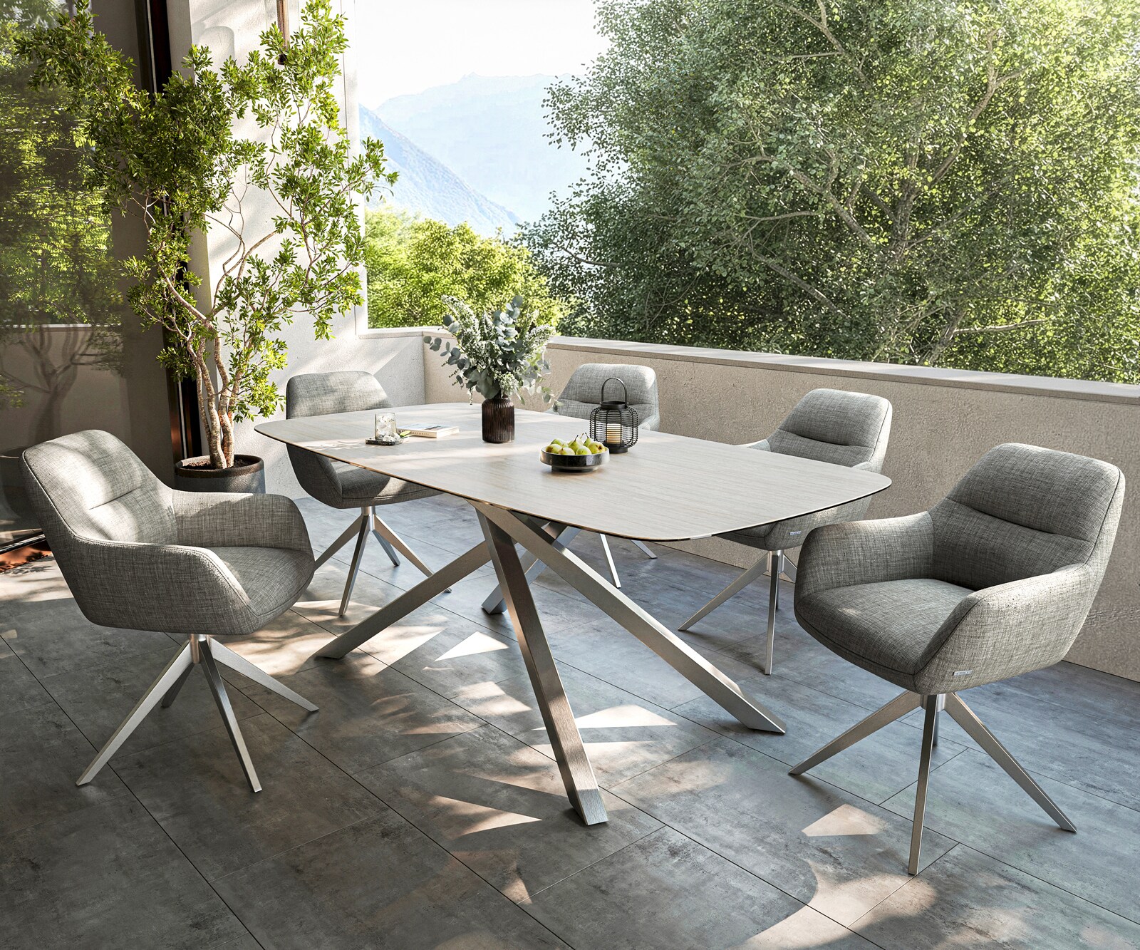 Outdoortisch Edge Boot 200x100 cm Keramik Laminam® Travertino Bianco Creme-Weiß Kreuzgestell Rechteck Edelstahl 6