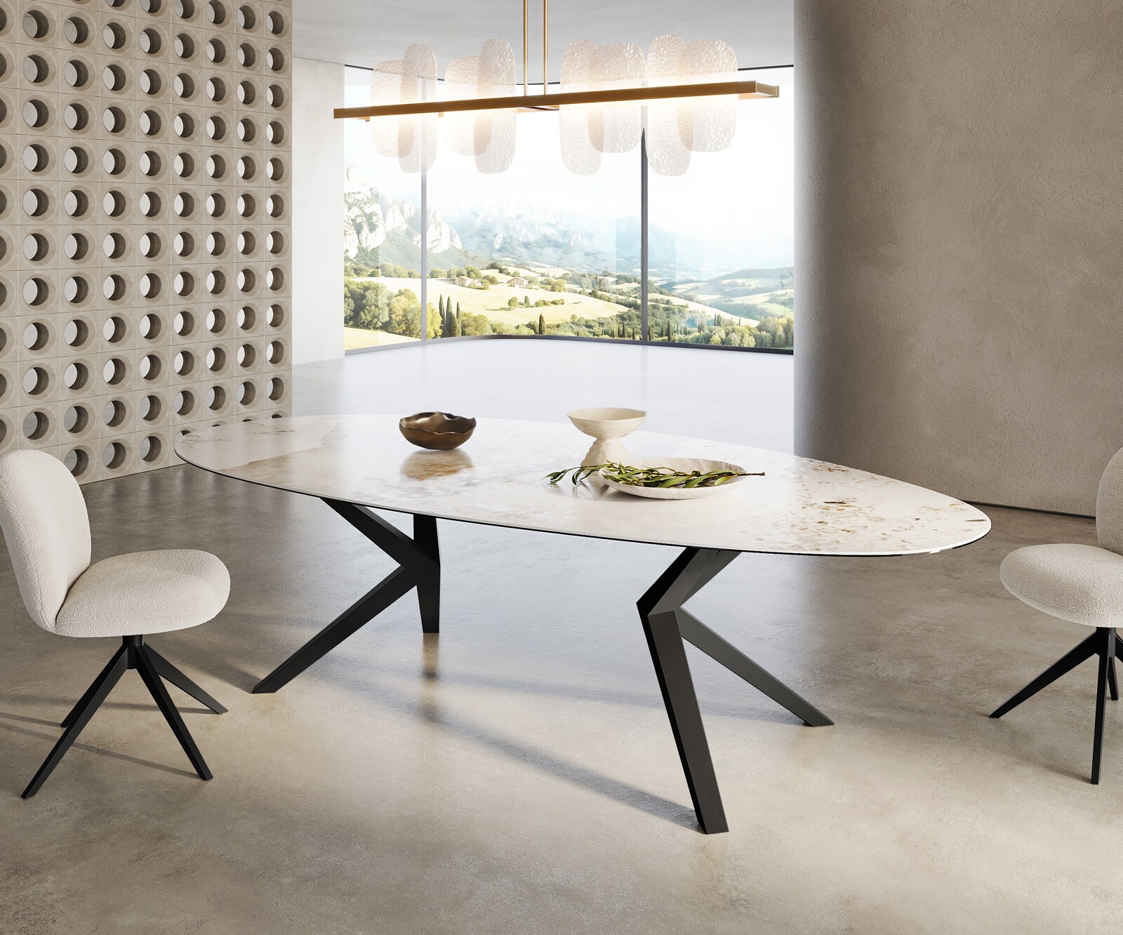 Esstisch Edge Oval 280x130 Keramik Minas Melange Weiß-Beige Zenthara kantig Metall Schwarz 3
