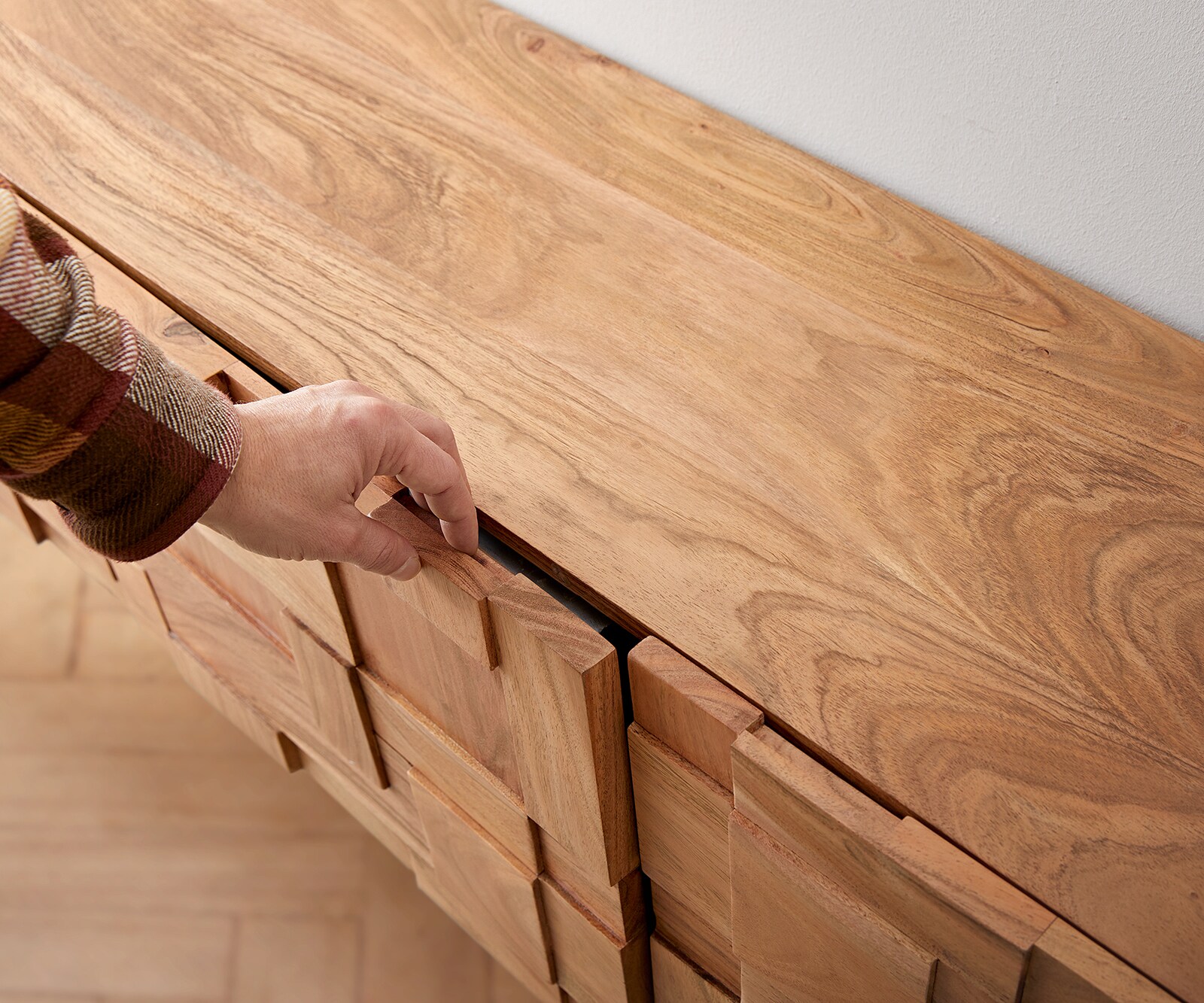 Sideboard Puzzle 175 cm Akazie Natur 3 Türen Winkelfuß Edelstahl 4