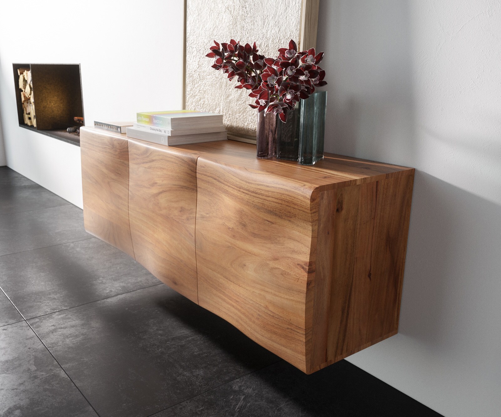 Sideboard New Live-Edge 145 cm Akazie Natur 3 Türen schwebend 1