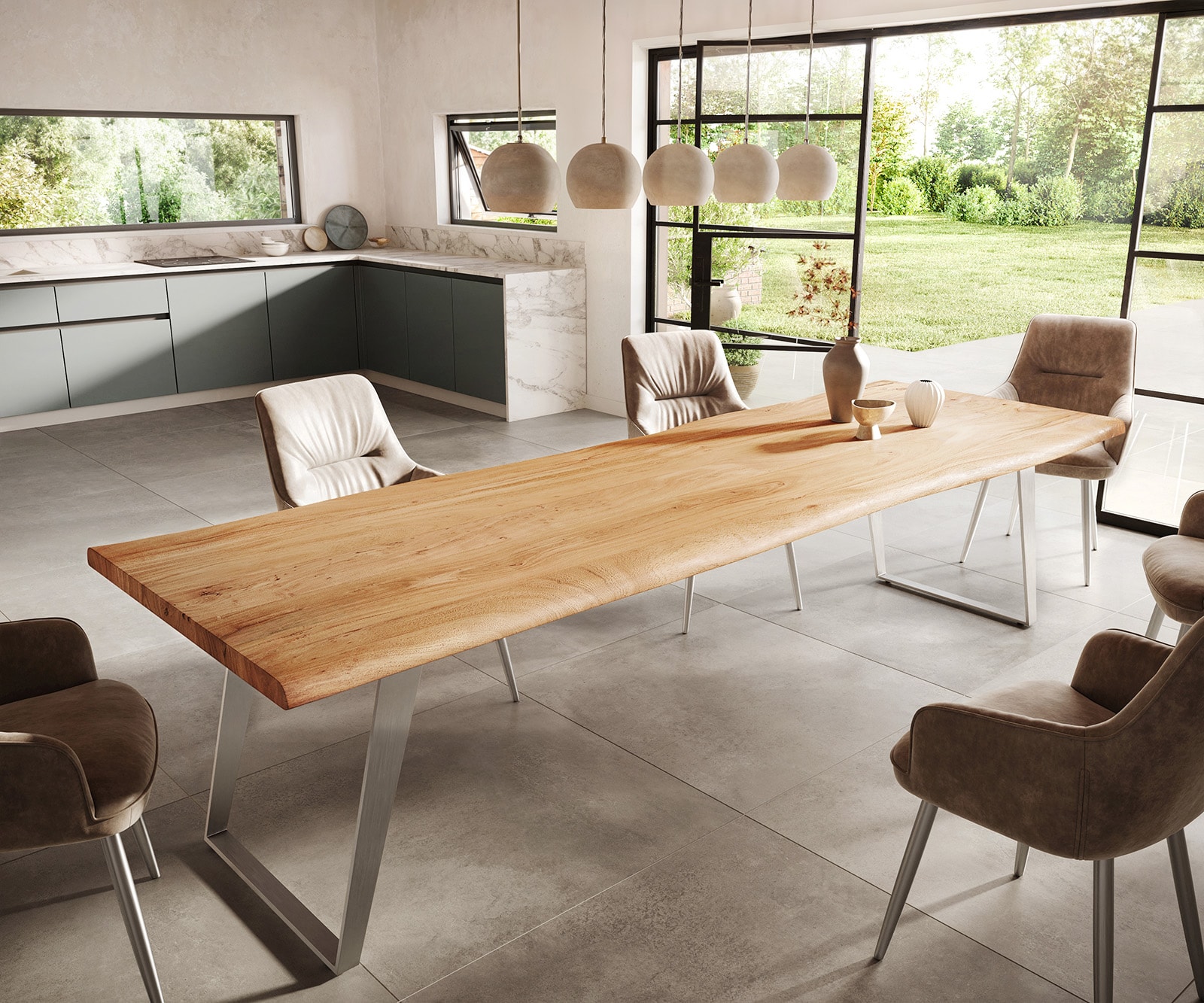 Esstisch Edge 300x100cm Akazie Natur Edelstahl Silber schräg Live-Edge 1