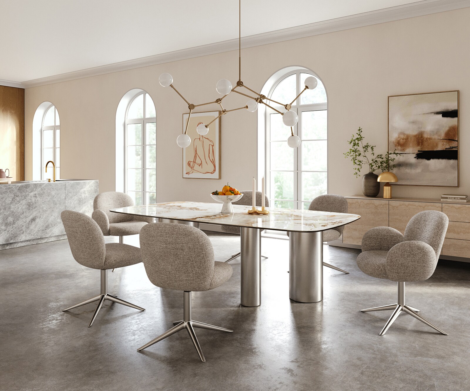 Esstisch Edge Boot 240x120 cm Keramik Minas Melange Weiß-Beige Troa Edelstahl gebürstet 6