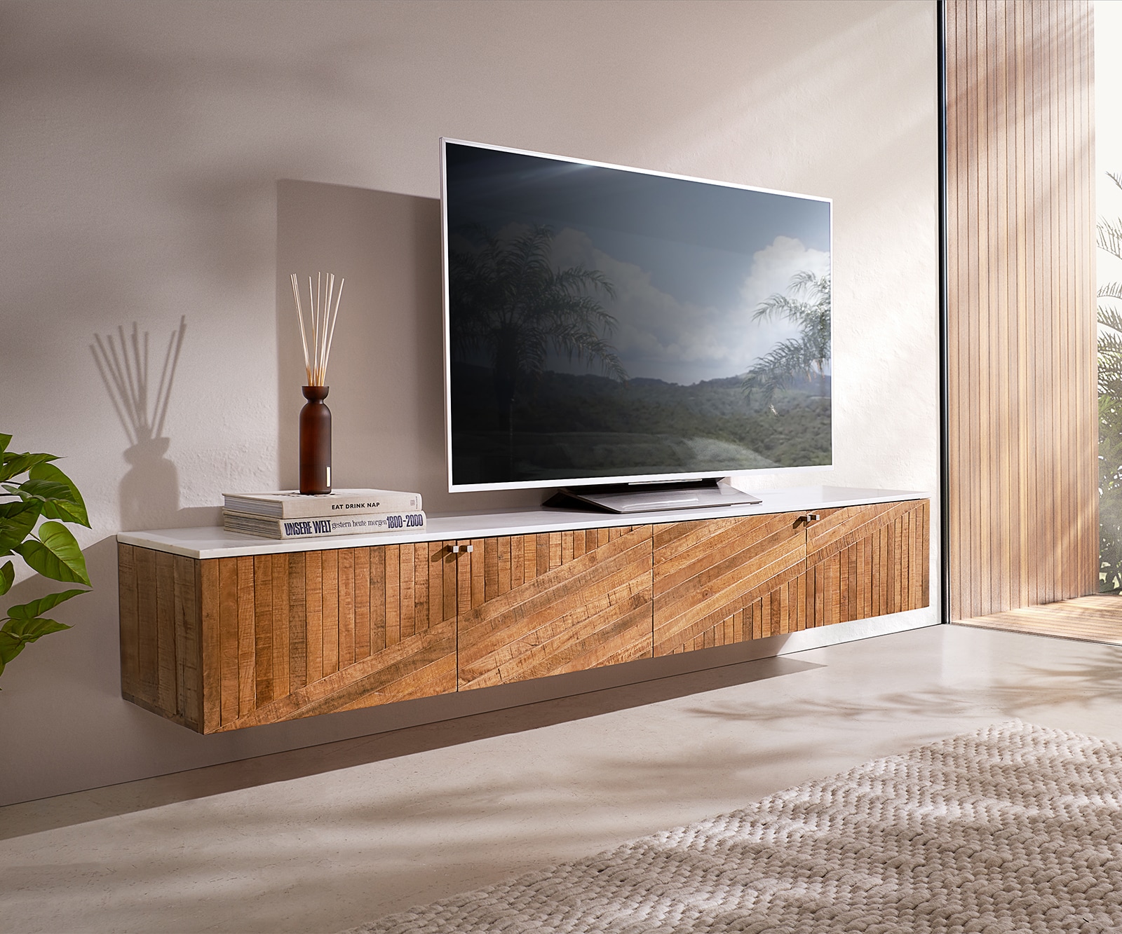 Lowboard Bahan 200 cm Mango Teak 4 Türen Marmorplatte weiss schwebend