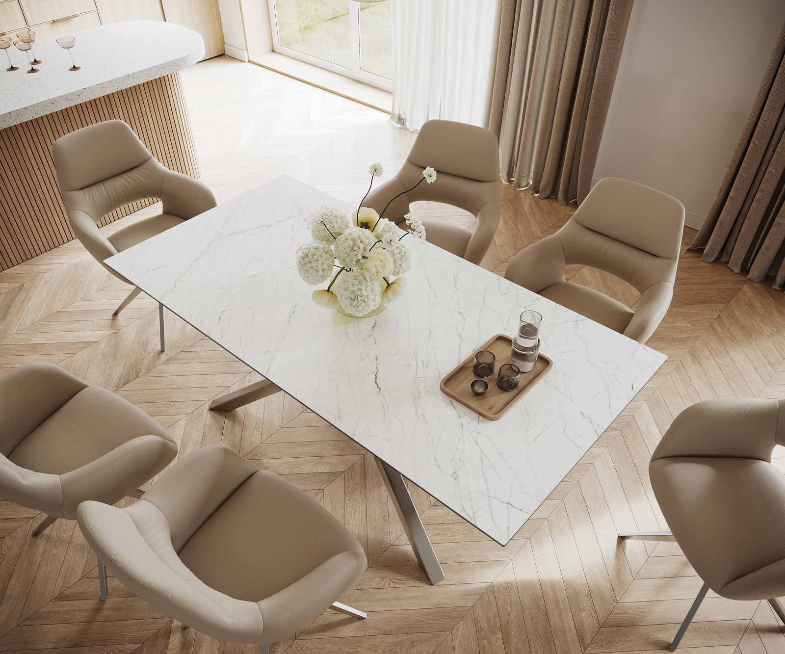 Esstisch Edge 200x100cm Keramik Laminam®Statuarietto Weiß Kreuzgestell Rechteck Edelstahl 3