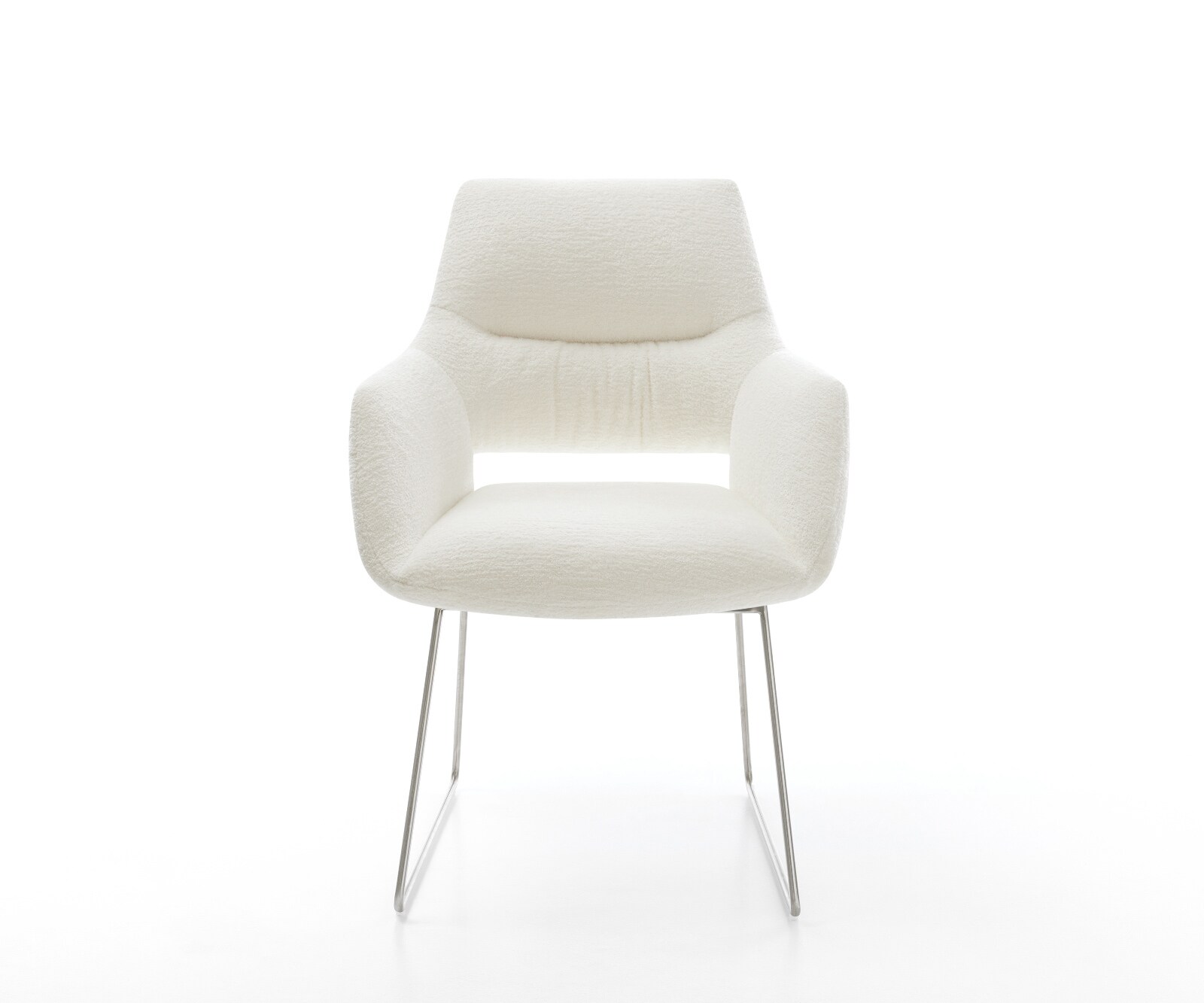 Esszimmerstuhl Yago-Flex mit Armlehnen Bouclé Soft Beige Kufengestell Edelstahl Taschenfederkern 1