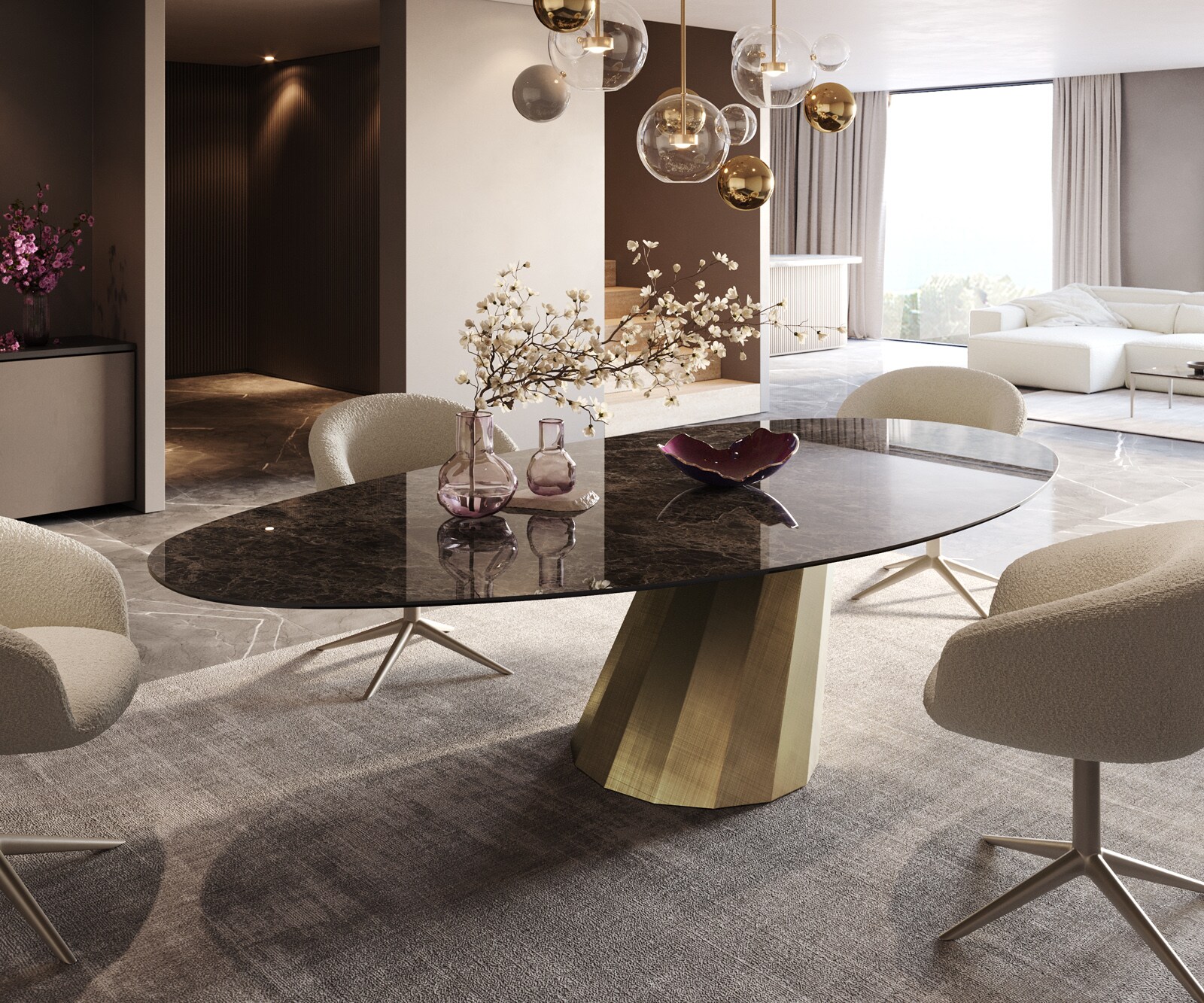DELIFE Esstisch Edge Oval 280x130 Keramik Laminam Emperador Extra Lucidato Dunkelbraun Parabel Metallic Gold