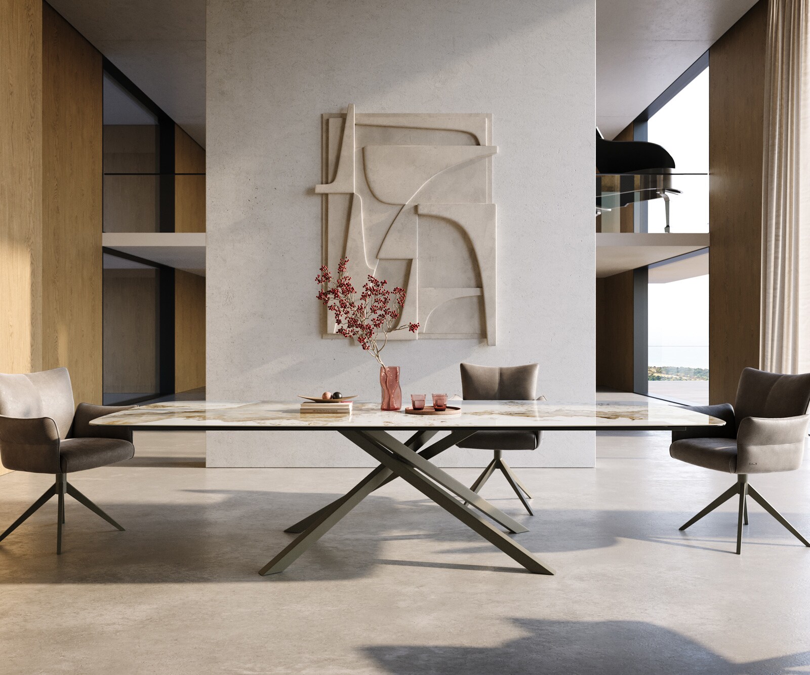 Esstisch Edge Boot 300x120 cm Keramik Minas Melange Weiß-Beige Kreuzgestell Rechteck Effektfinish Titan 2